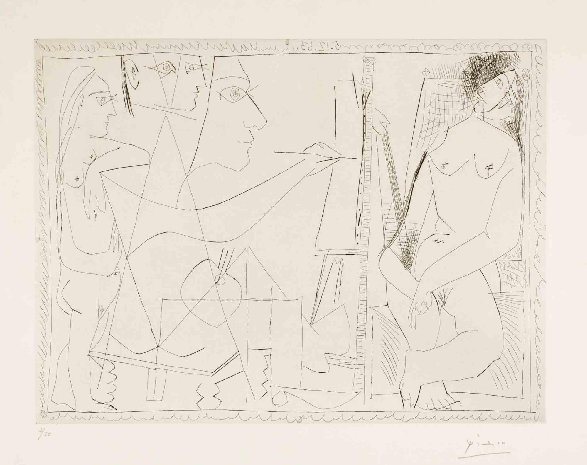 Peintre et Modèle, avec une Spectatrice - Etching by Pablo Picasso - 1963