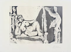 Peintre et sa toile avec modèle assis