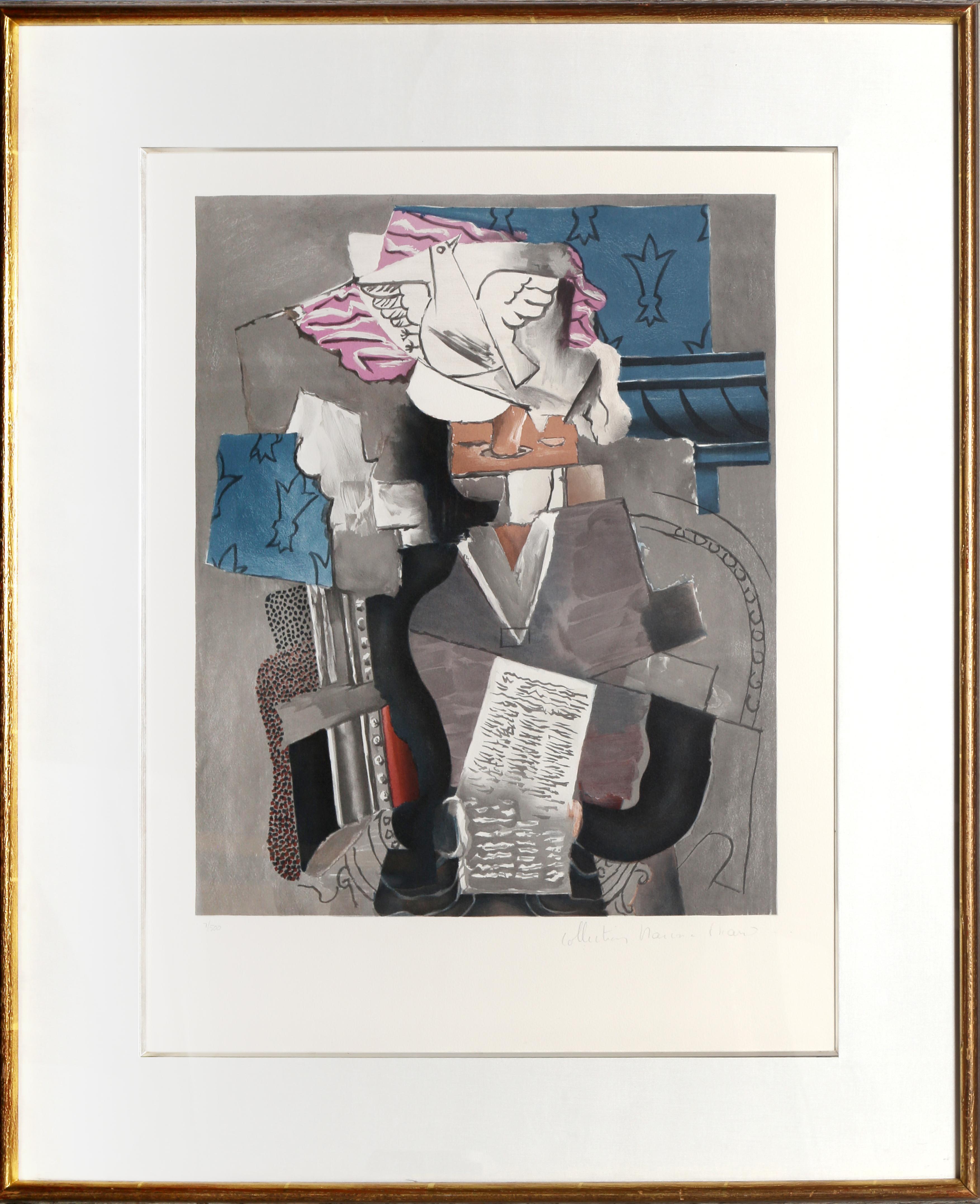 A lithograph from the Marina Picasso Estate Collection after the Pablo Picasso painting "Personnage et Colombe".  The original painting was completed in 1913. In the 1970's after Picasso's death, Marina Picasso, his granddaughter, authorized the