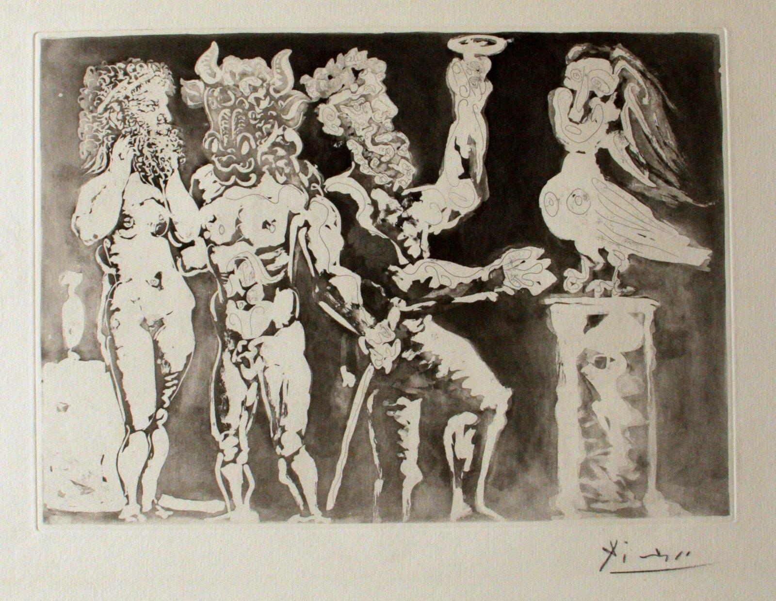 Personnages Masqués et Femme Oiseau - Acquaforte di Pablo Picasso - 1934