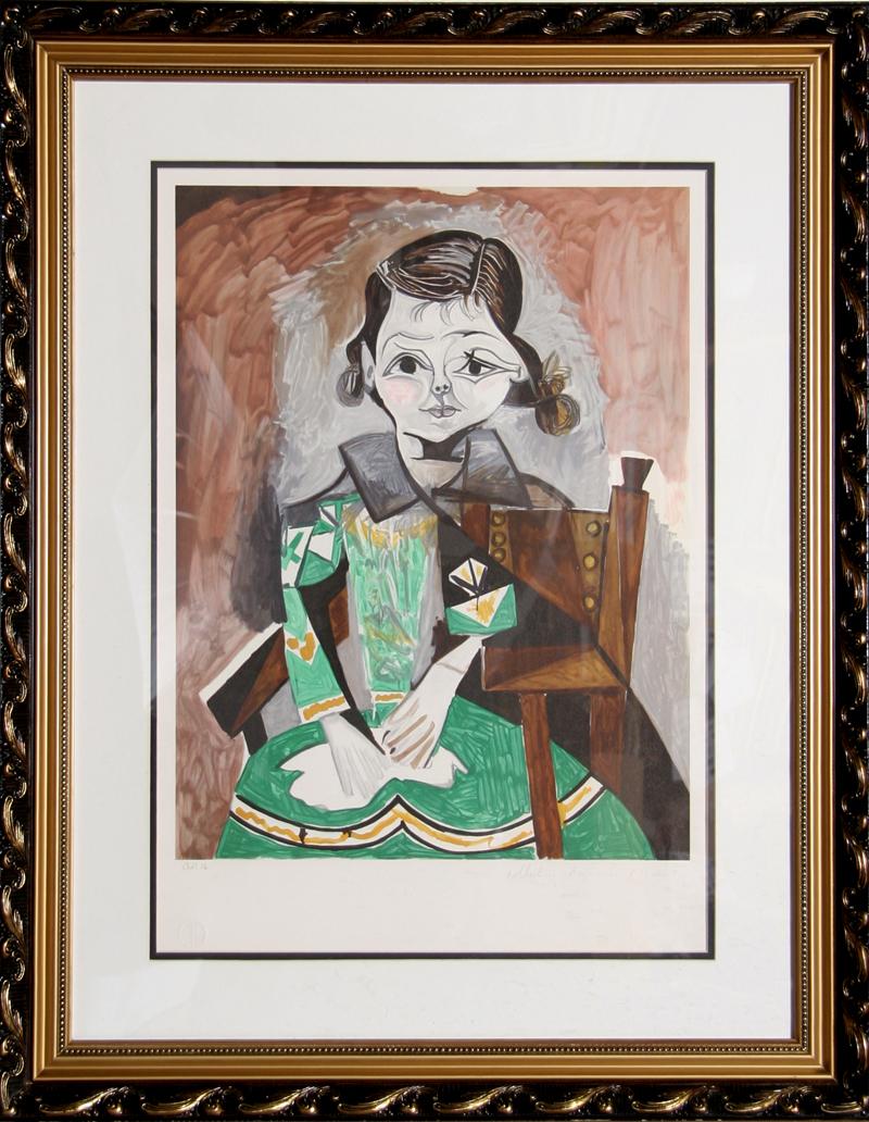 A lithograph from the Marina Picasso Estate Collection after the Pablo Picasso painting "Petite Fille a la Robe Verte (Paloma Picasso)". The original painting was completed in 1956. In the 1970's after Picasso's death, Marina Picasso, his