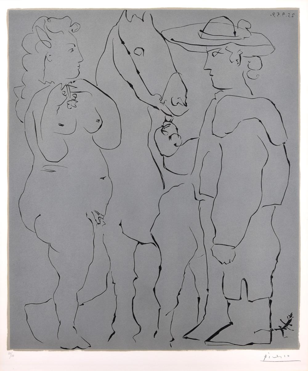 Pablo Picasso Figurative Print - Picador debout avec son cheval et une femme (Picador, Woman, and Horse), 1959