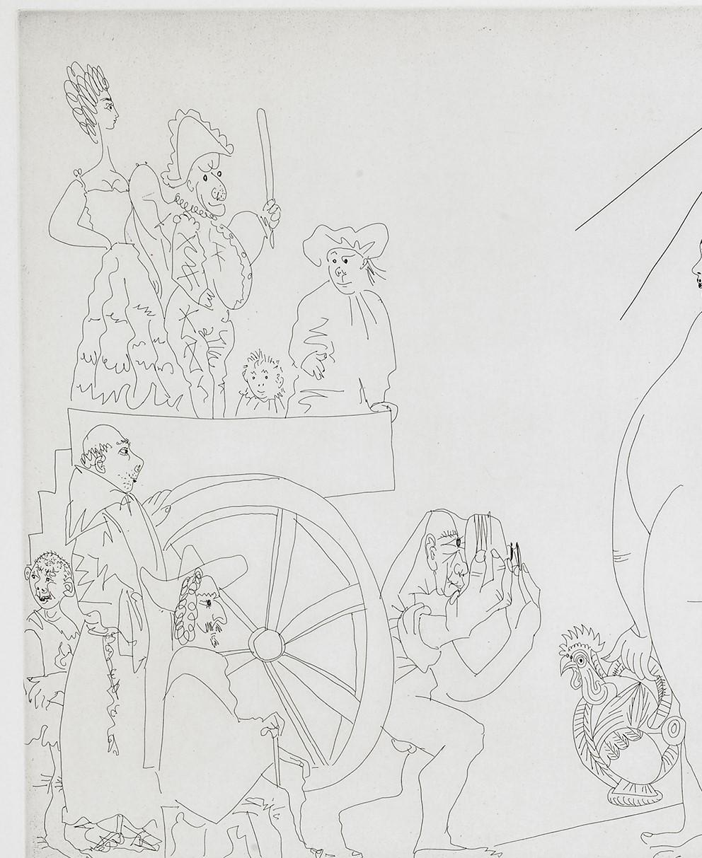 Picasso at the Fountain of Canaletas (B.1561) is an etching by Pablo Picasso from his renowned 347 Series. The image size is 16.25 x 19.5 inches and the framed dimensions are 28.25 x 31 inches. One of 17 artist proofs from the edition of 68, the art