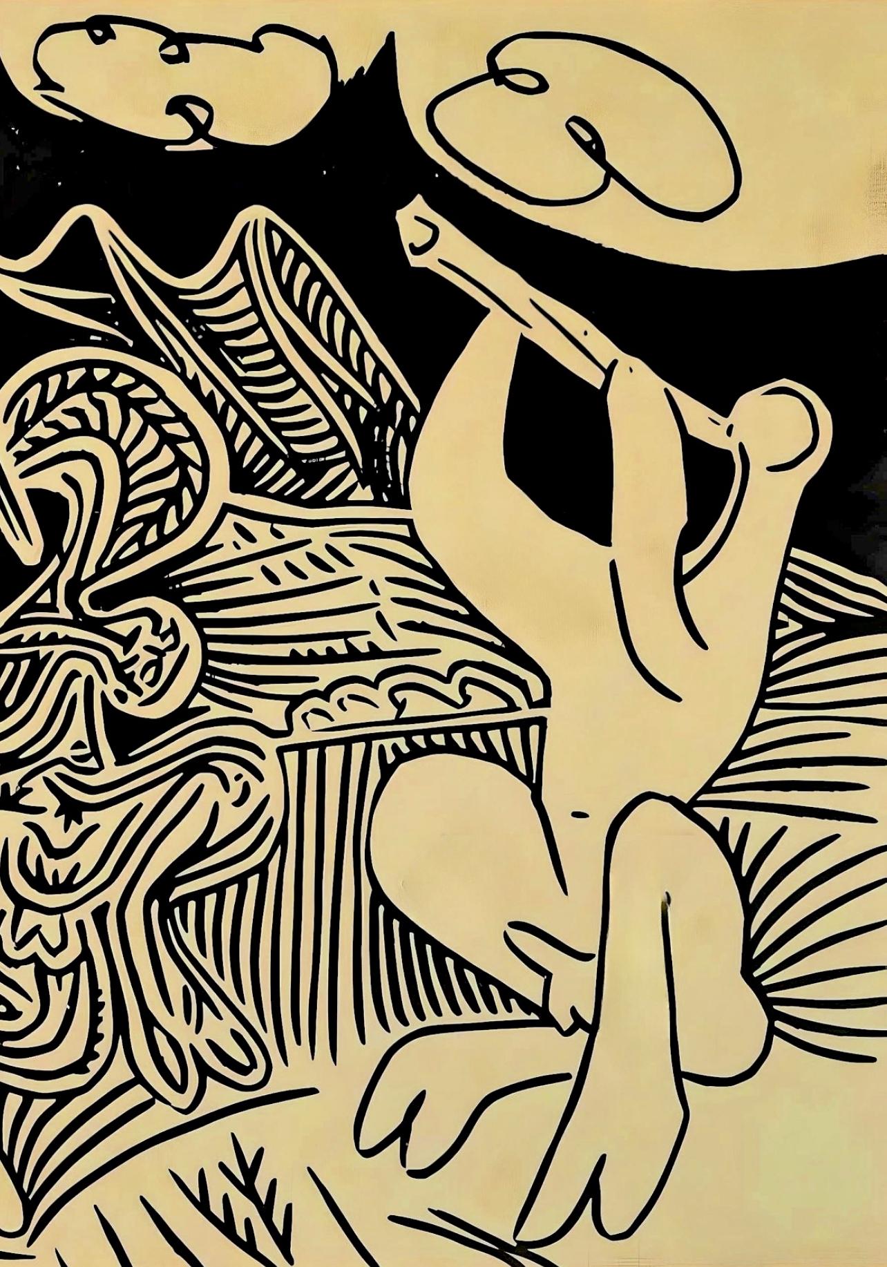 Picasso, Bacchanale : Flûtiste, danseurs avec cymbales, Éditions Cercle d'Art (d'après) - Cubisme Print par Pablo Picasso