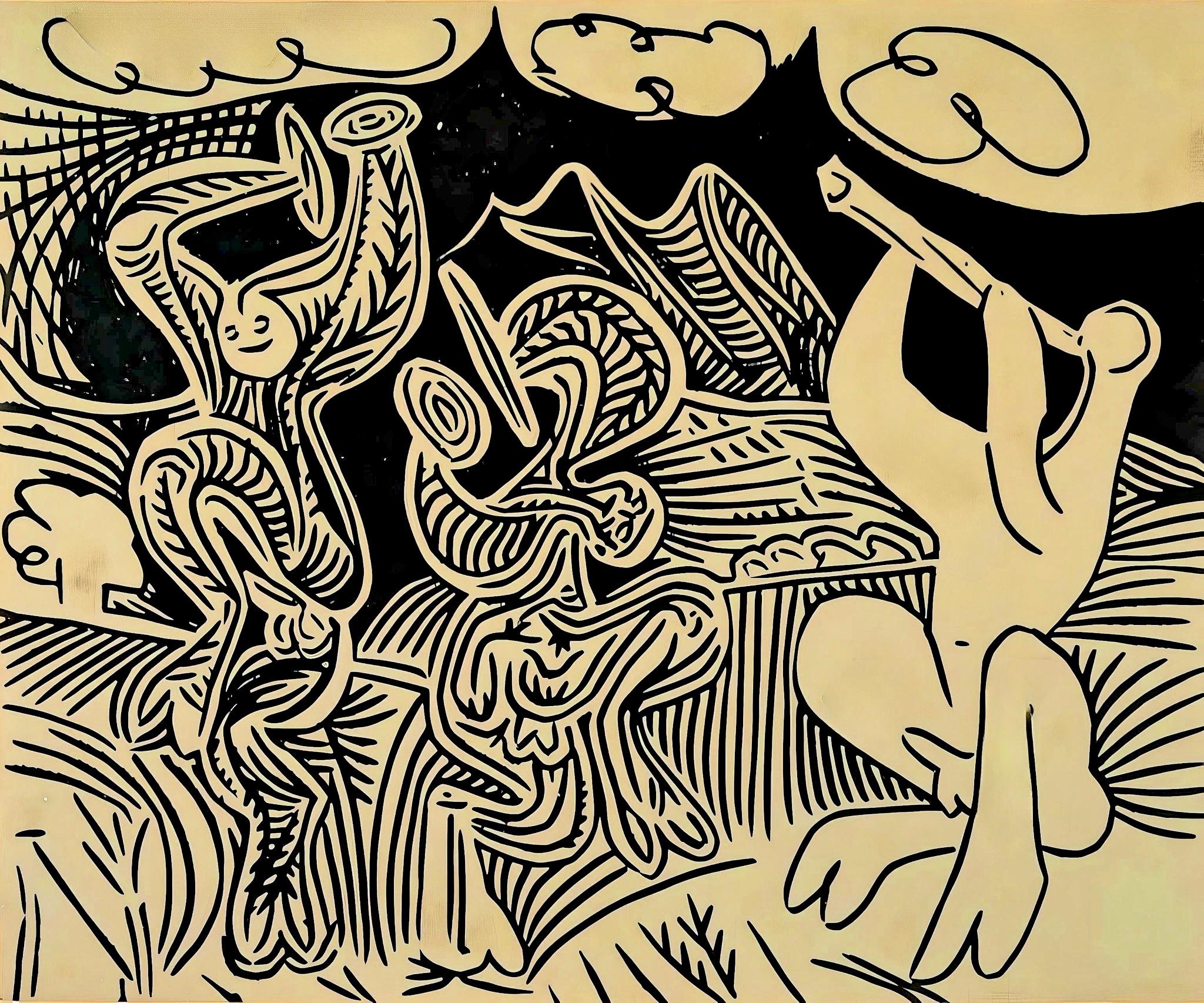Landscape Print Pablo Picasso - Picasso, Bacchanale : Flûtiste, danseurs avec cymbales, Éditions Cercle d'Art (d'après)