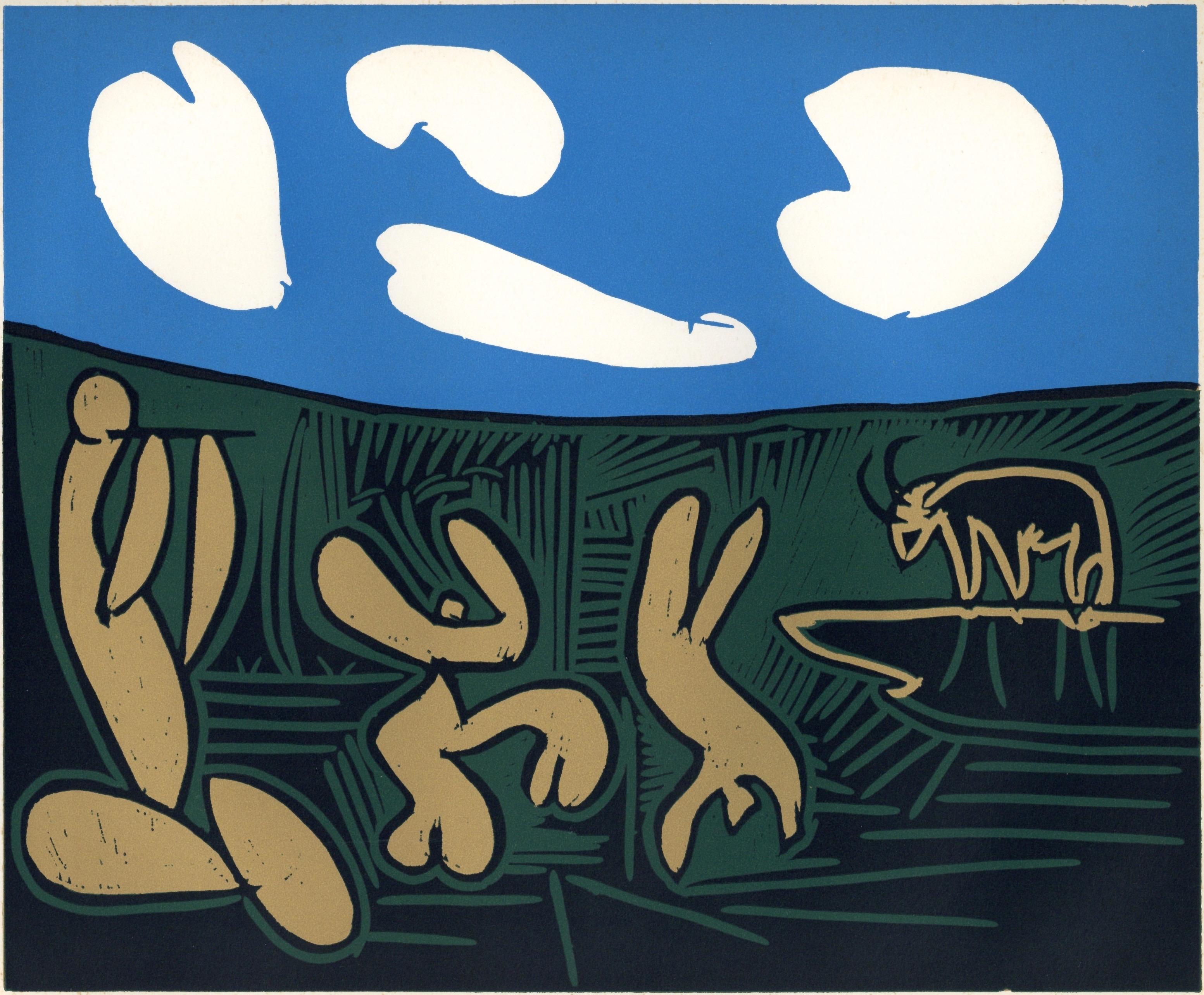 Picasso, Bacchanal with an Acrobat (Orozco 214), Grabados al linóleo (after) - Blue Figurative Print by Pablo Picasso
