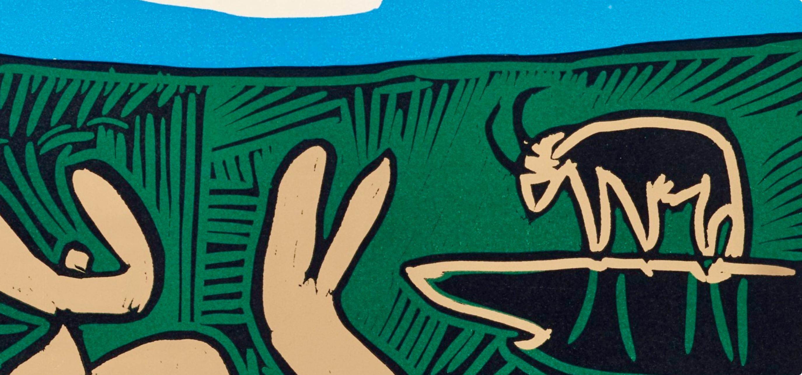 Picasso, Bacchanale à l'acrobate (Orozco 214), Grabados al linóleo (nach) (Blau), Figurative Print, von Pablo Picasso