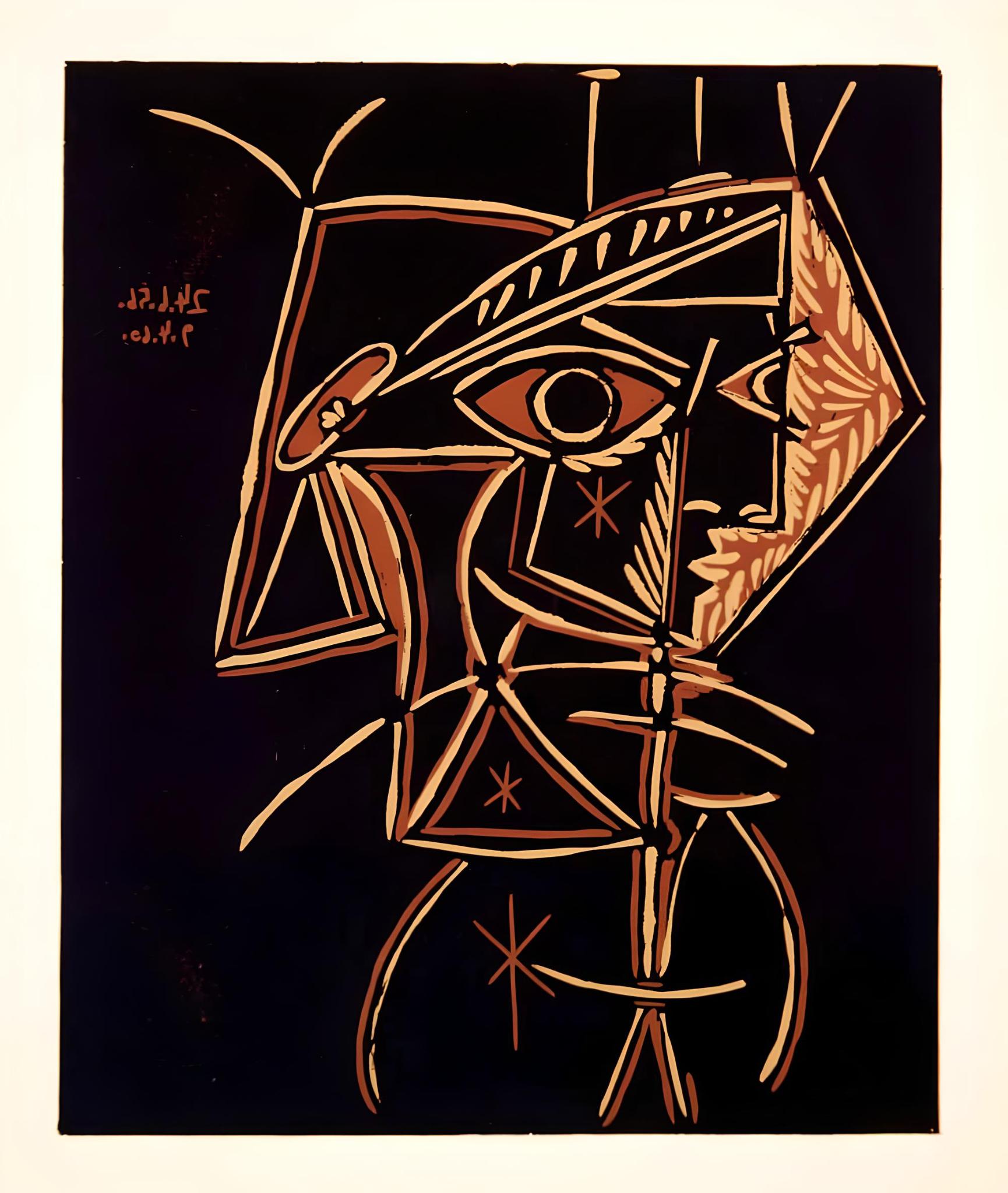 Original Edition Linocut on archival paper.  Inscription: Unsigned and unnumbered, as issued.   Excellent condition; unframed. Notes: From the volume, Pablo Picasso: Linogravures. Published by Éditions Cercle d'Art, Paris; printed by Verlag Gerd
