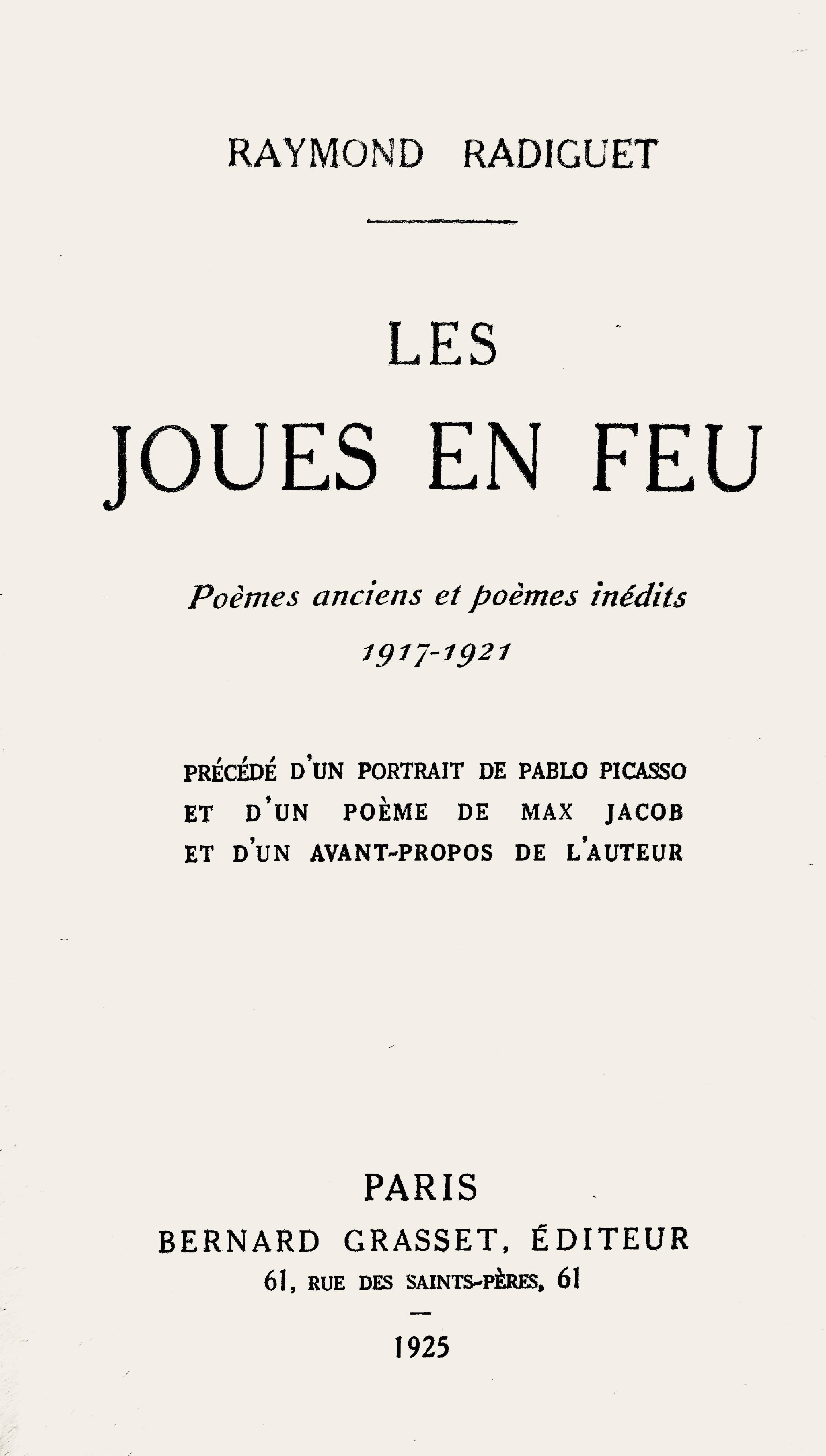 Lithographie sur papier vélin pur fil Lafuma. Non signé et non numéroté, tel que publié. Bon état. Notes : Extrait du volume Les joues en feu, poèmes anciens et poèmes inédits, 1917-1921, précédé d'un portrait de Pablo Picasso et d'un poème de Max