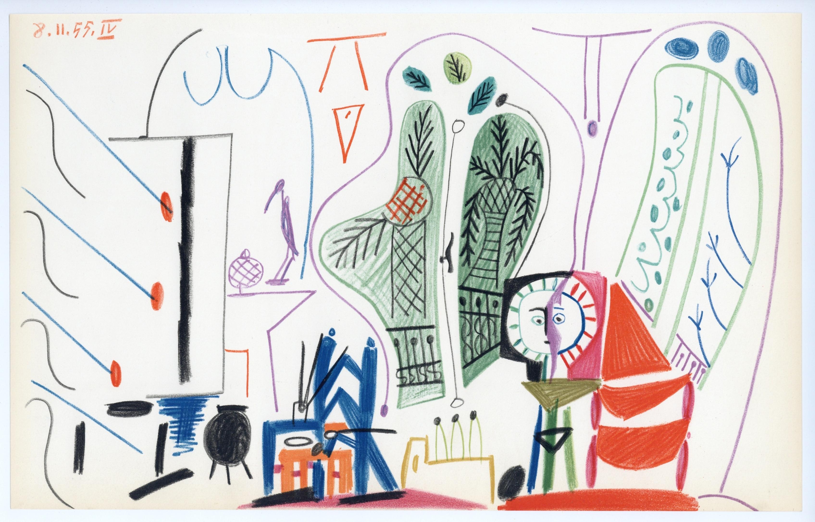 Medium: Lithograph on vélin d’Arches paper
Year: 1959
Paper Size: 10.25  X 16.5 inches
Catalogue raisonné reference: Cramer, illustration 101
Inscription: Inscription: Unsigned and unnumbered, as issued
Notes: From the album, Picasso, Carnet de la