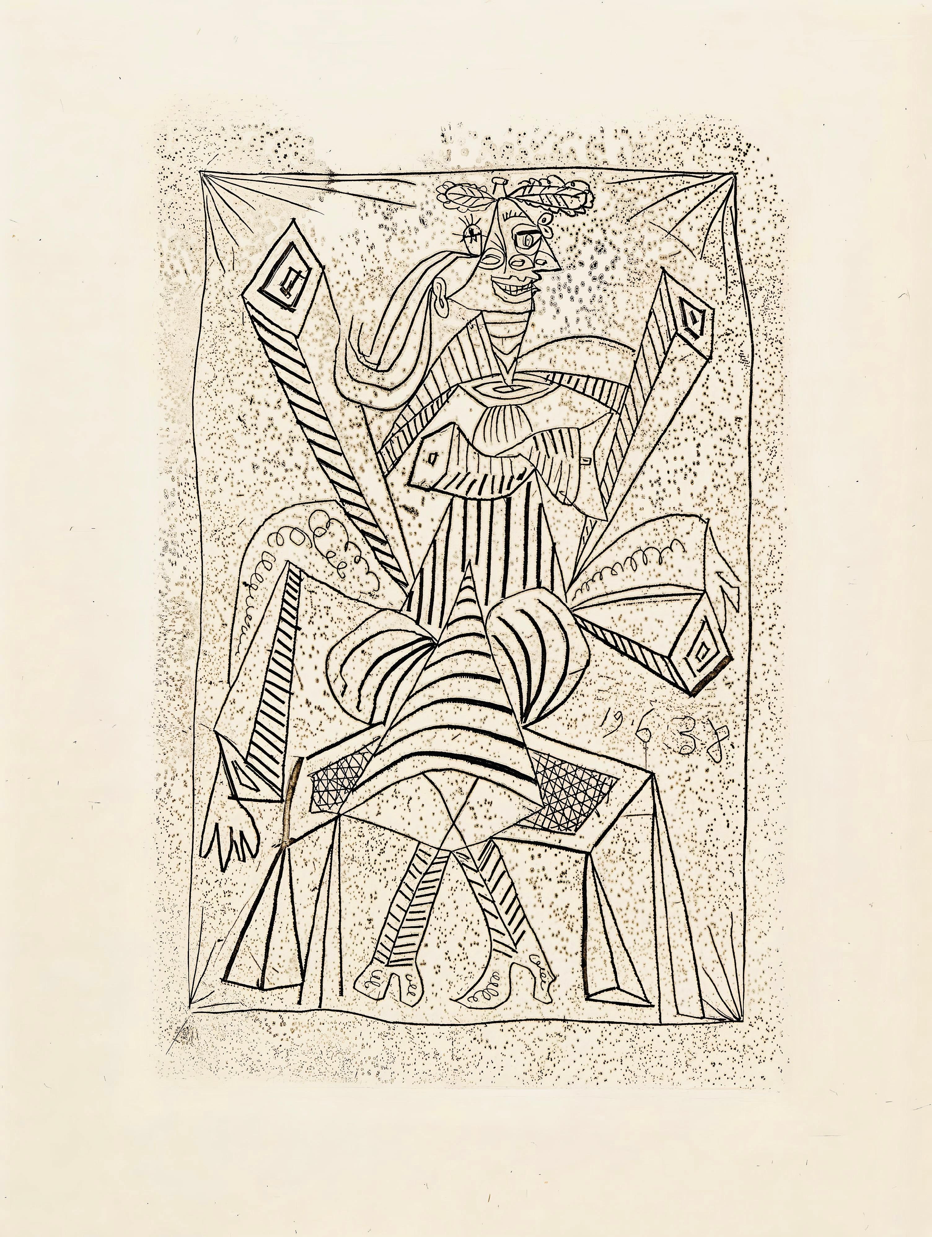 Lithograph on vélin paper. Unsigned and unnumbered, as issued. Good condition. Notes: From the volume, L'indicatif présent ou l'infirme del qu'il est, 1938. Published by Éditions Soutes, Paris, 1938; printed by Roger Lacouirière, Paris in an edition