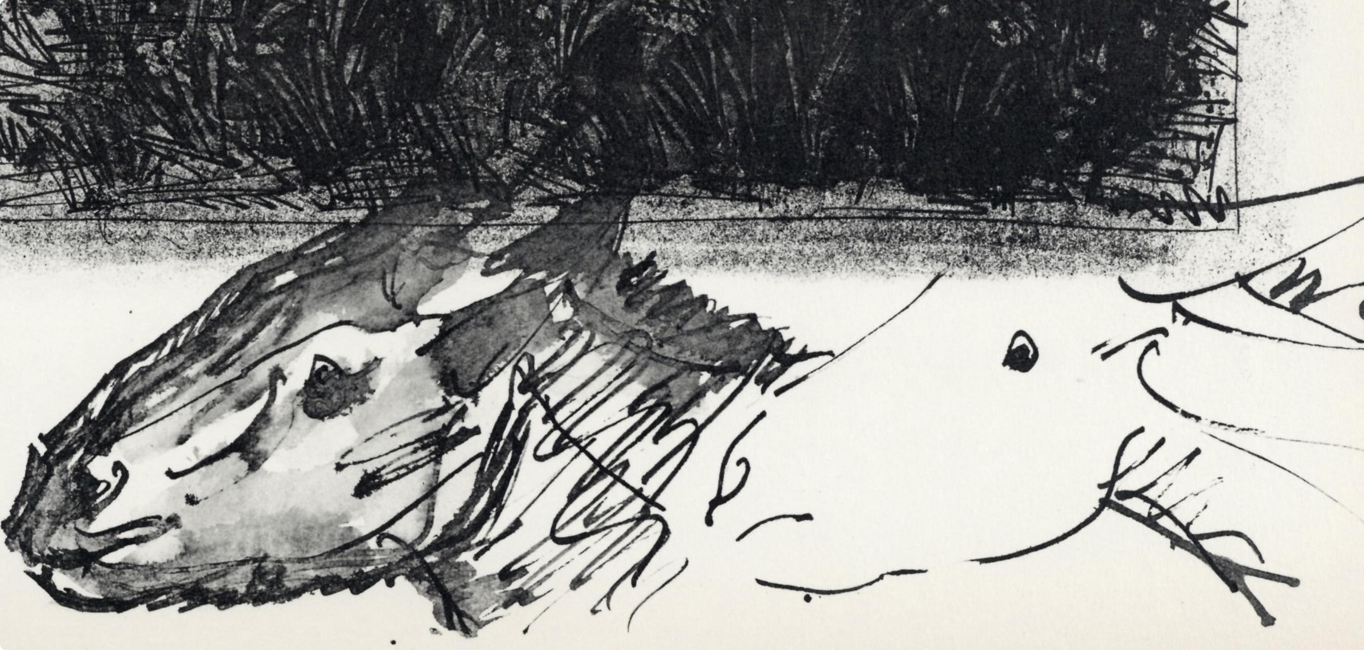 Medium: Lithograph on vélin du Marais paper
Year: 1957
Paper Size: 14.5 x 11 inches
Catalogue raisonné reference: Cramer, illustration 84
Inscription: Inscription: Unsigned and unnumbered, as issued
Notes: From the folio, 40 dessins de Picasso en