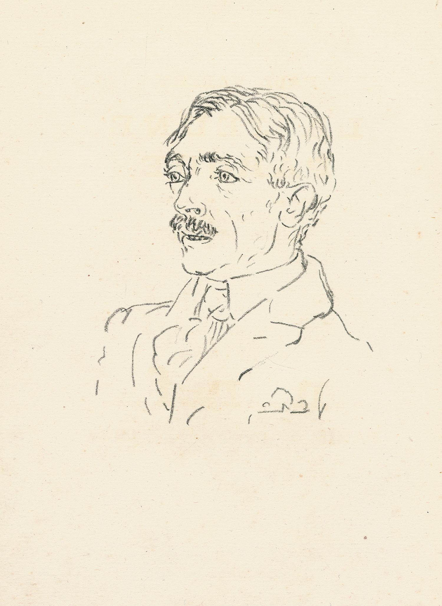 Lithographie auf vergoldetem Velinpapier in der Form des Papiers Manufactures d'Arches. Unsigniert und nicht nummeriert, wie ausgegeben. Guter Zustand. Anmerkungen: Aus dem Band, La Jeune Parque, avec un portrait de l'auteur en lithographie