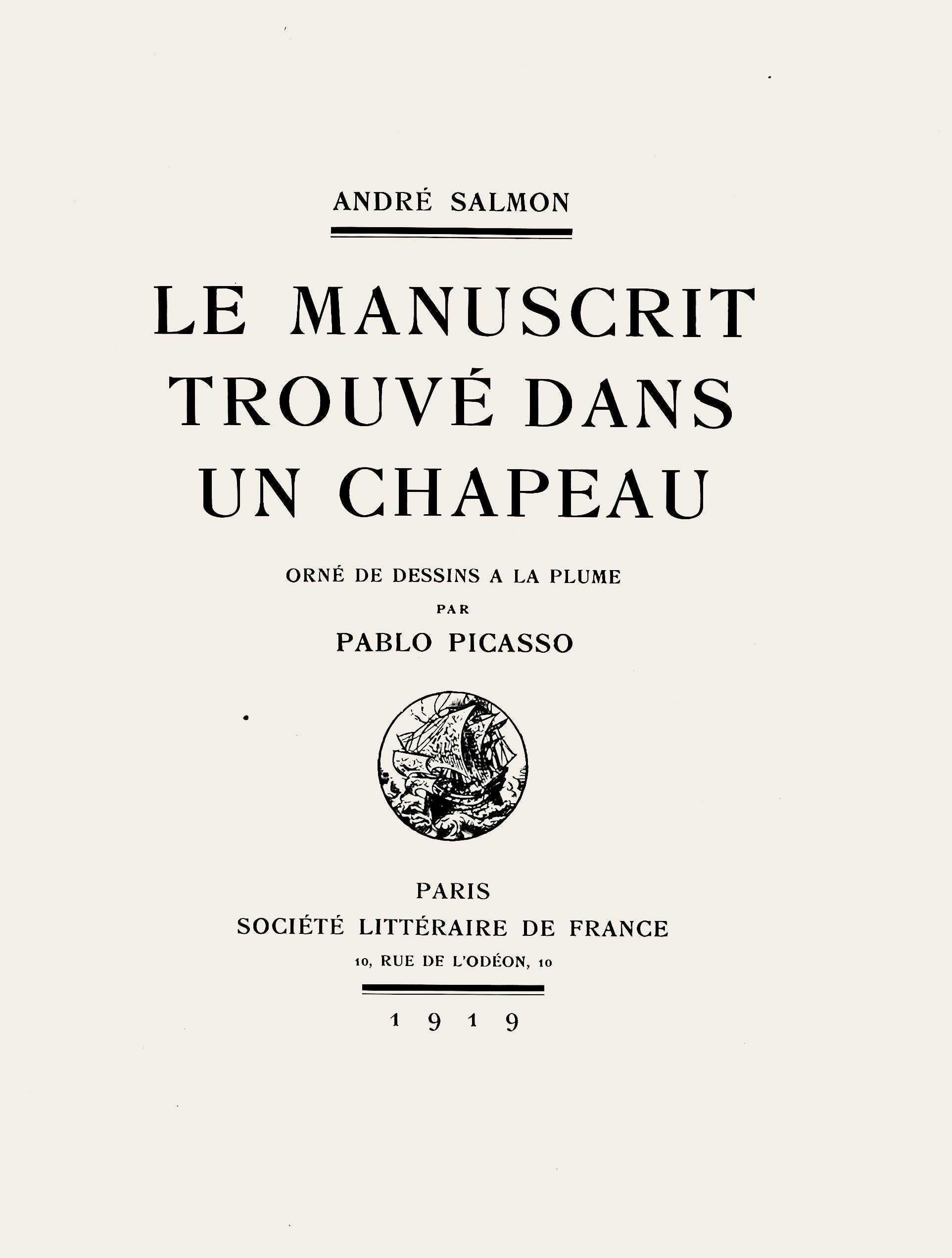 Lithograph on vélin des papeteries Lafúma paper. Unsigned and unnumbered, as issued. Good condition. Notes: From the album, Le manuscrit trouvé dans un chapeau, orné de dessins a la plume par Pablo Picasso, 1919. Published by Société littéraire de