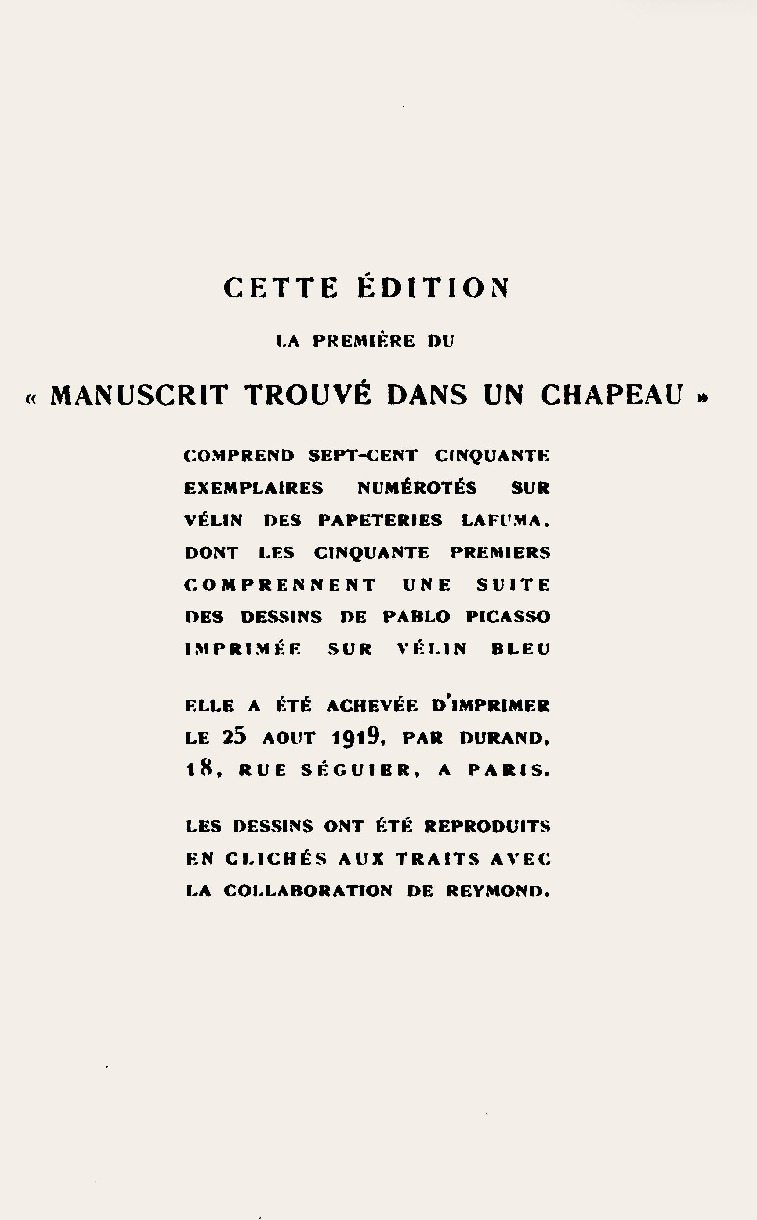 Picasso, Composition (Hodorisch B2), Le manuscrit trouvé dans un chapeau (after) For Sale 1