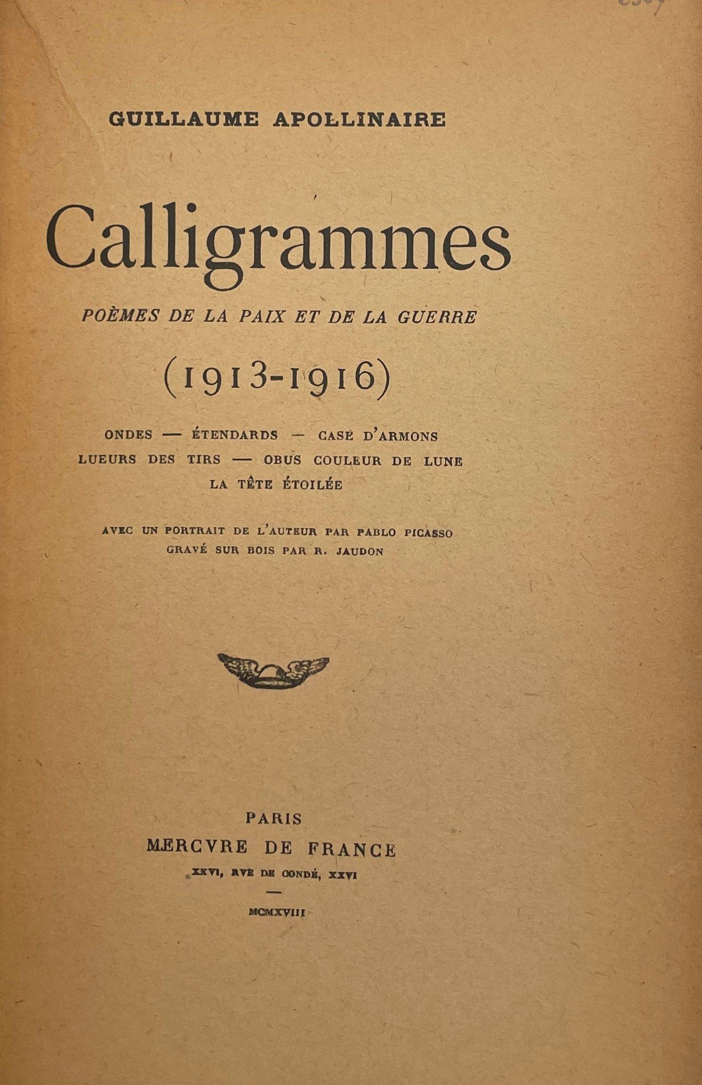 Woodcut on vélin de cuve à la forme des papeteries d'Arches paper. Unsigned and unnumbered, as issued. Good condition. Notes: From the volume, Calligrammes, poèmes de la paix et de la guerre (1913-1916), 1918. Published by Mercure De France, Paris;