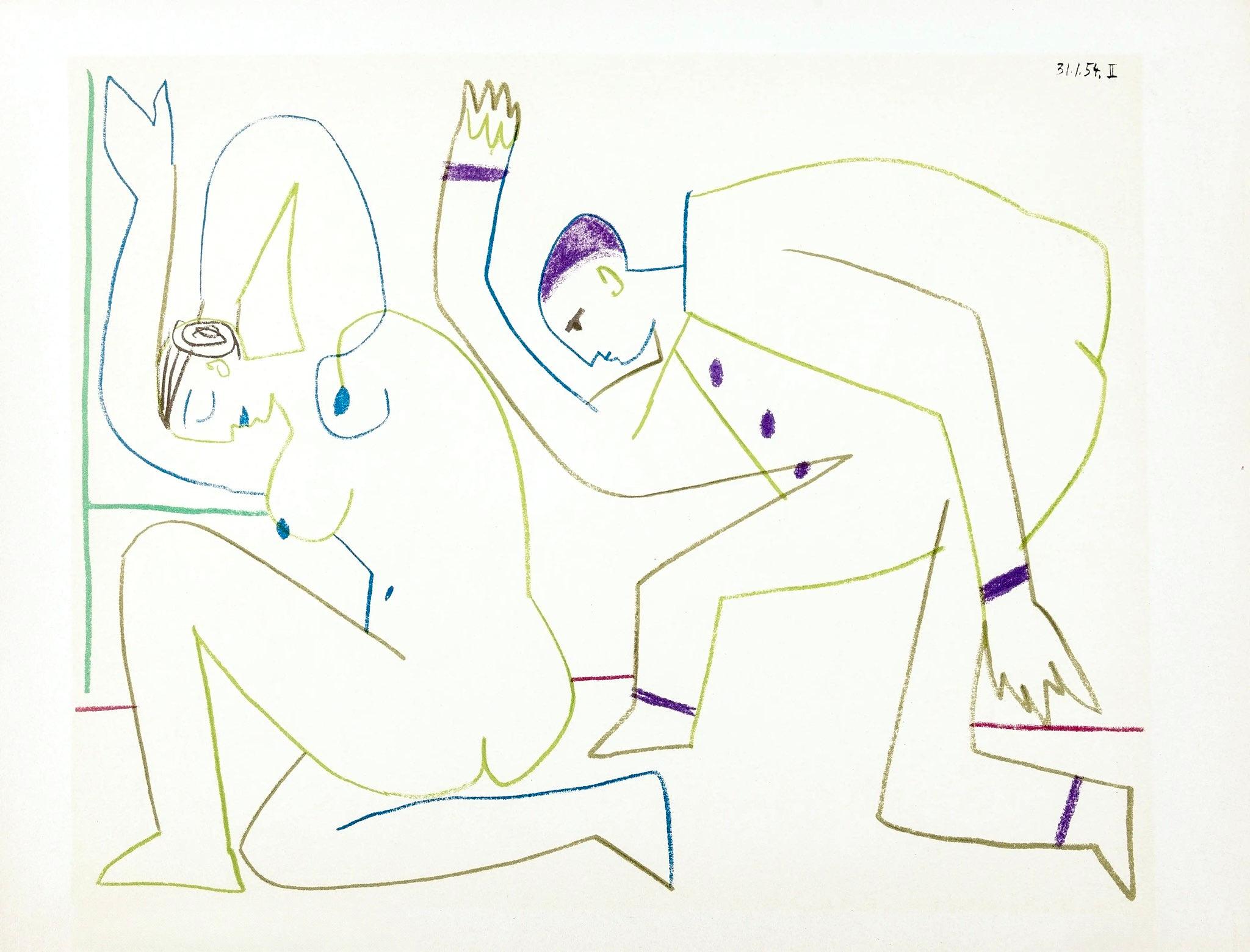 Lithograph on vélin des Papeteries du Marais paper. Paper Size: 10.25 x 14 inches. Inscription: Unsigned and unnumbered, as issued. Notes: From the album, La Comédie Humaine, Suite de 15 dessins de Picasso, Verve: Revue Artistique et Littéraire,