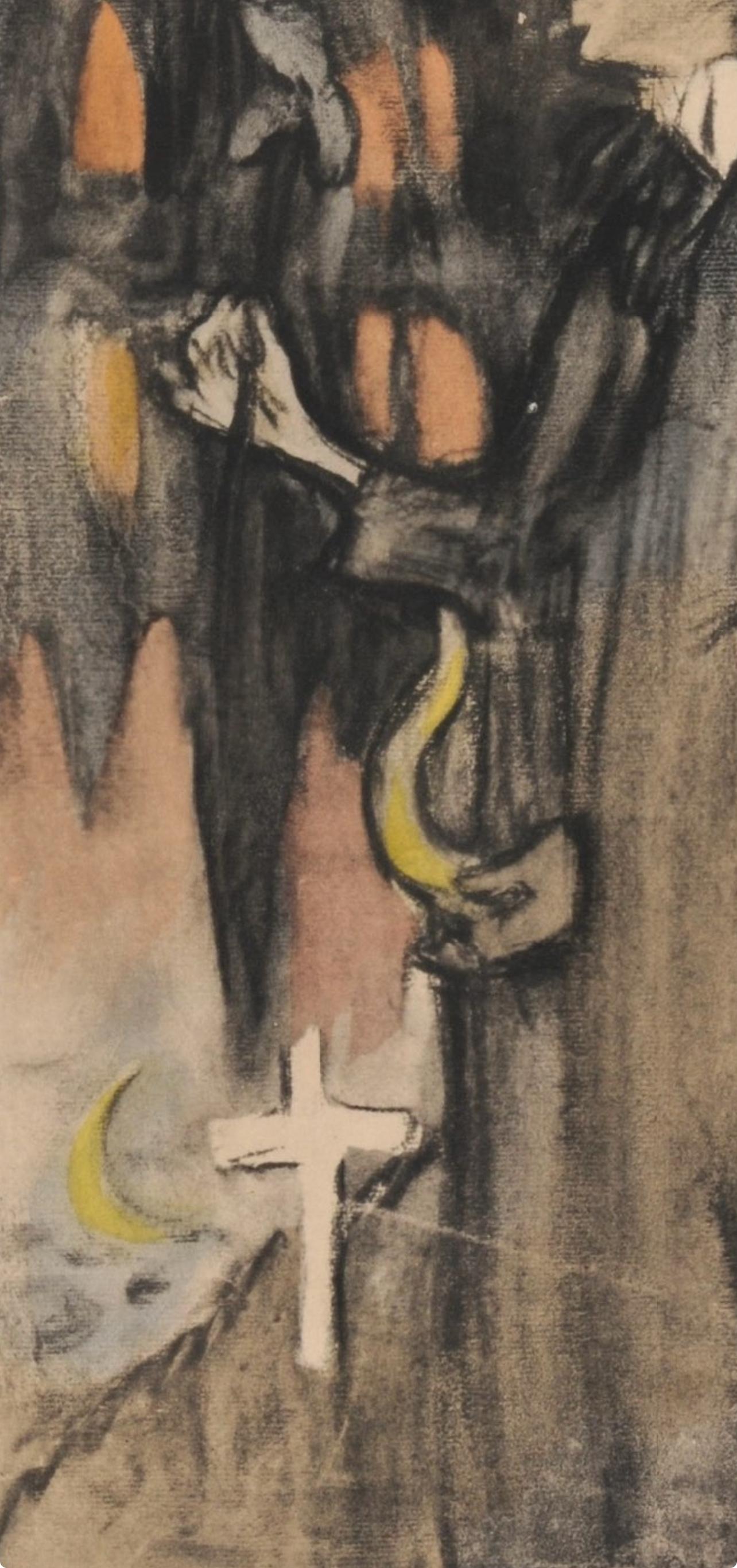 Lithographie et pochoir avec encres gouache et pastel sur papier vélin de Rives, reliée par une charnière d'archivage à la feuille de support en vélin de Rives, telle qu'elle a été émise. Inscription : signée dans la planche et non numérotée, telle