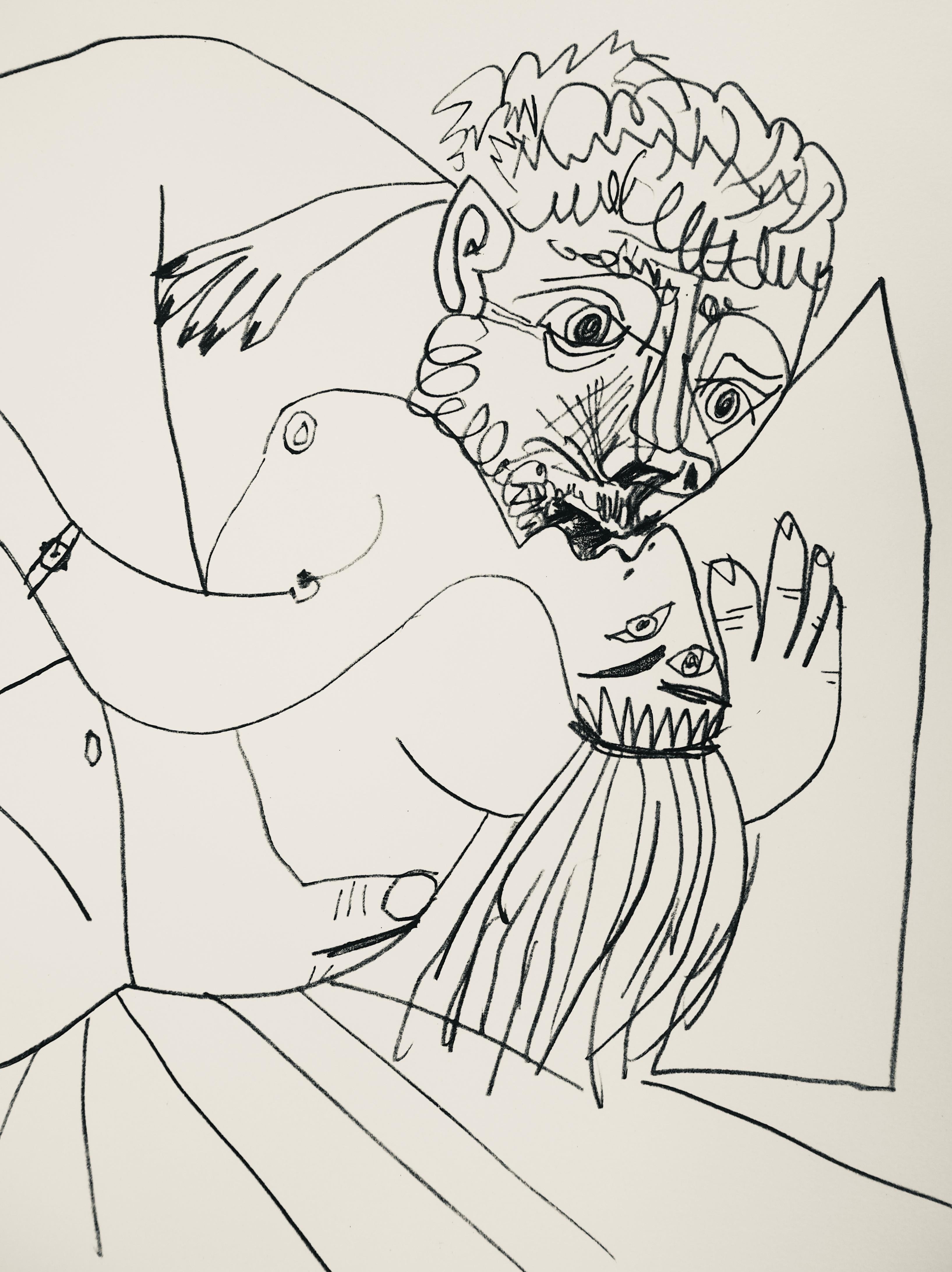 Lithograph on vélin d’Arches paper. Signed in the plate and unnumbered, as issued. Good condition. Notes: From the folio, Picasso au baiser d'Avignon, douze dessins, lavis, aquarelles, 1971. Published by Le Vent d'Arles, Paris; printed by Mourlot
