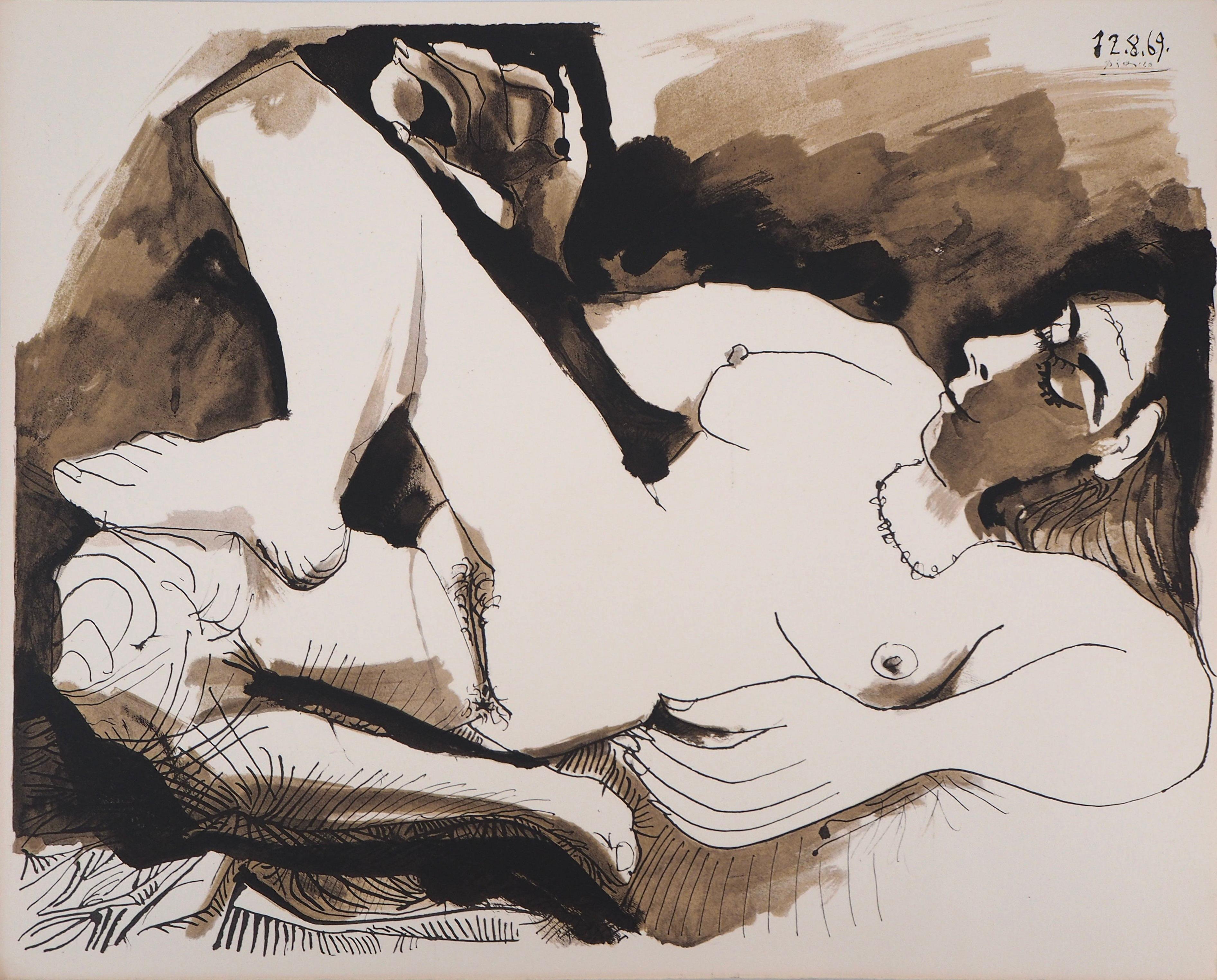 Lithographie sur papier vélin d'Arches. Signé dans la planche et non numéroté, tel que publié. Bon état. Notes : Extrait du folio, Picasso au baiser d'Avignon, douze dessins, lavis, aquarelles, 1971. Publié par Le Vent d'Arles, Paris ; imprimé par