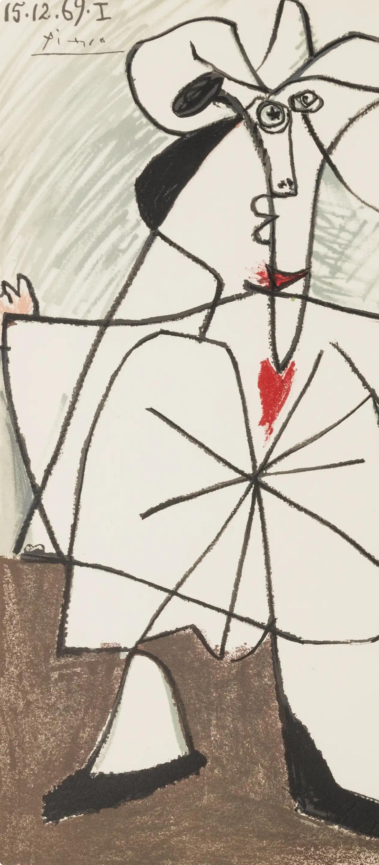 Lithograph on vélin d’Arches paper. Signed in the plate and unnumbered, as issued. Good condition. Notes: From the folio, Picasso au baiser d'Avignon, douze dessins, lavis, aquarelles, 1971. Published by Le Vent d'Arles, Paris; printed by Mourlot