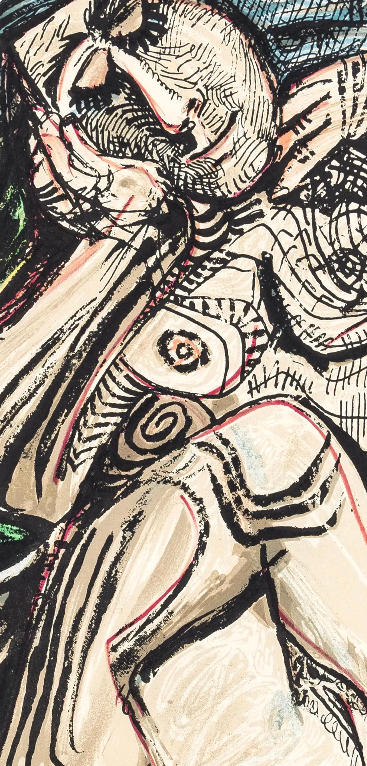 Lithograph on vélin d’Arches paper. Signed in the plate and unnumbered, as issued. Good condition. Notes: From the folio, Picasso au baiser d'Avignon, douze dessins, lavis, aquarelles, 1971. Published by Le Vent d'Arles, Paris; printed by Mourlot