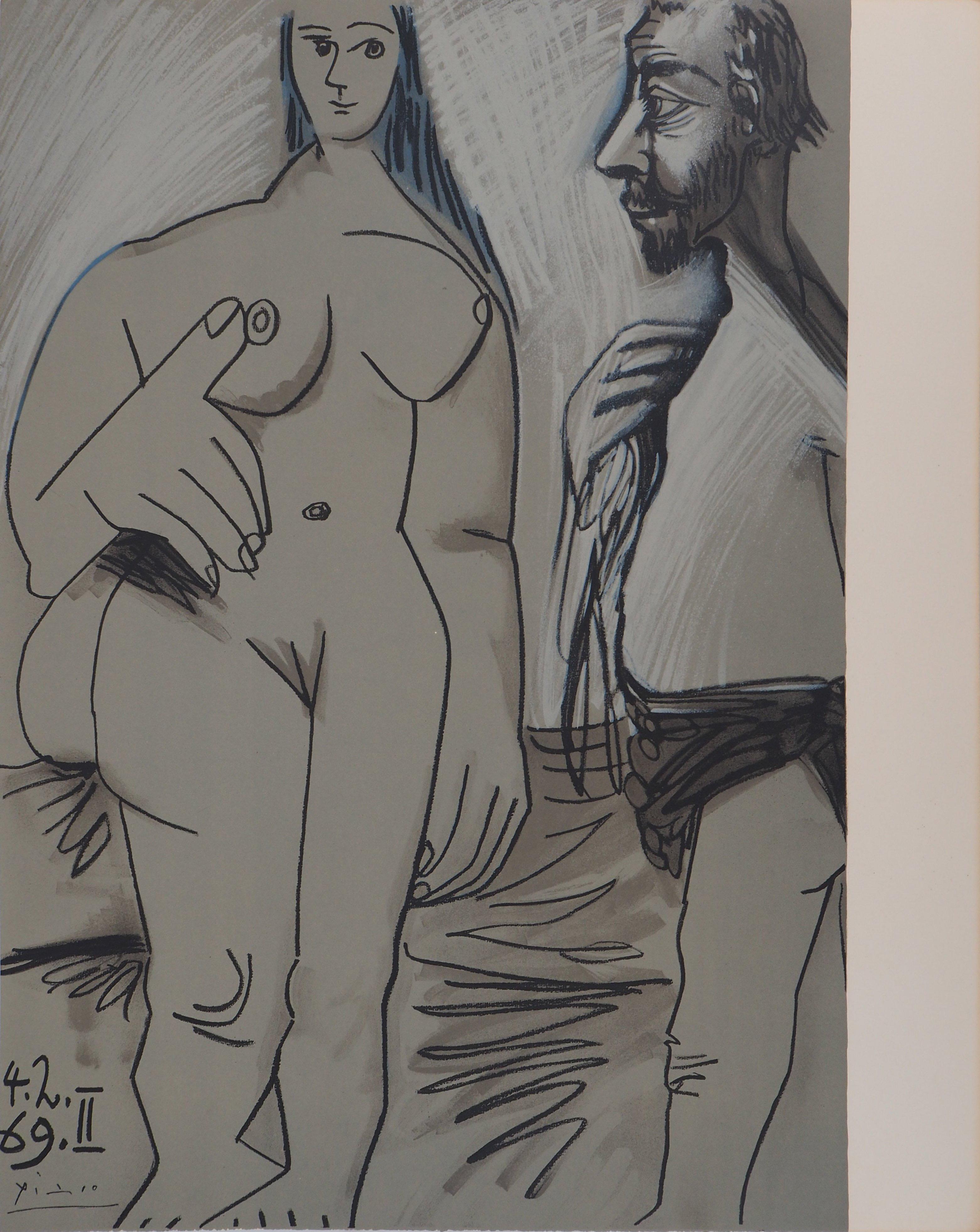 Lithograph on vélin d’Arches paper. Signed in the plate and unnumbered, as issued. Good condition. Notes: From the folio, Picasso au baiser d'Avignon, douze dessins, lavis, aquarelles, 1971. Published by Le Vent d'Arles, Paris; printed by Mourlot