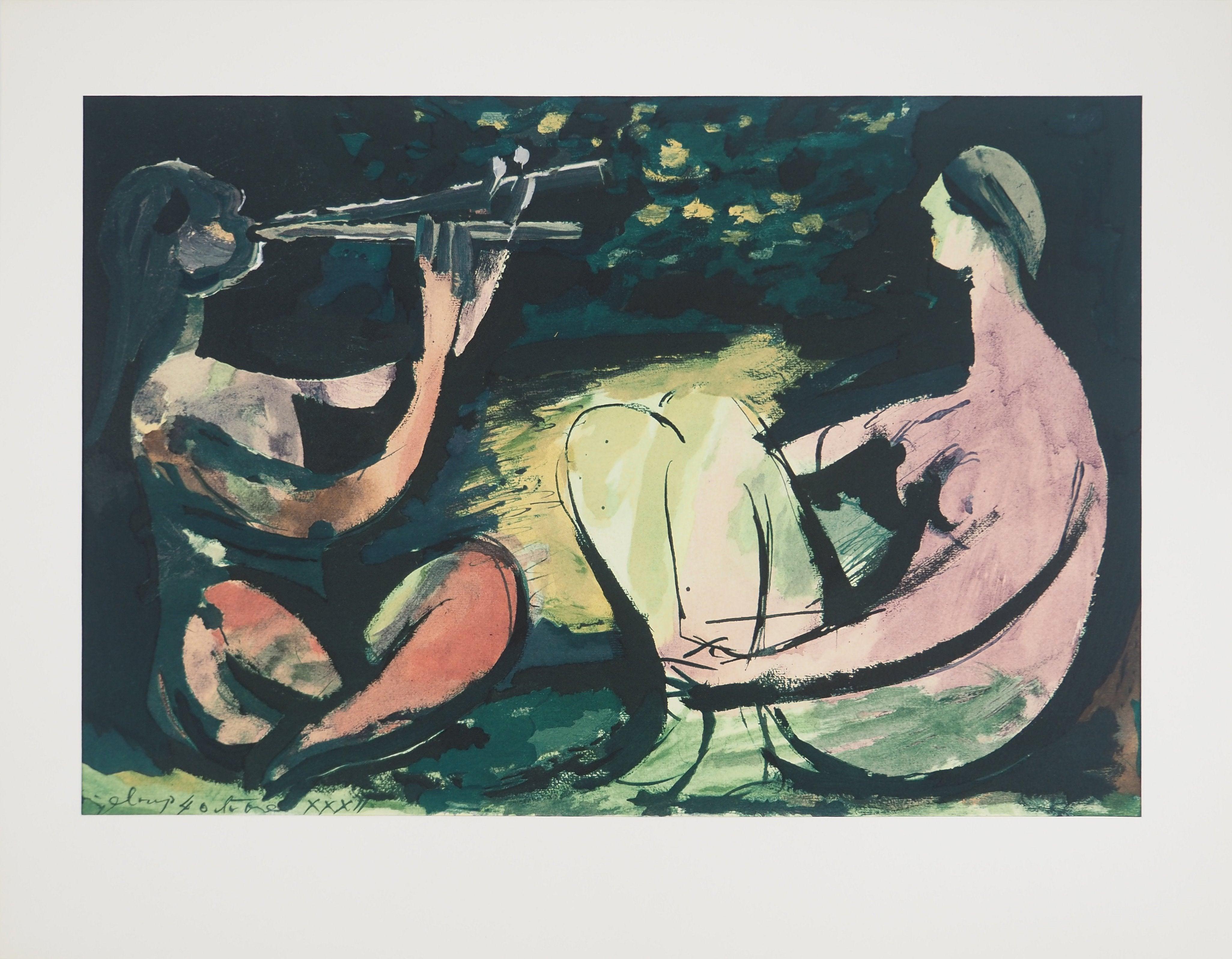 Picasso, Composition (Orozco 238), Picasso, La flûte double (d'après) - Noir Landscape Print par Pablo Picasso