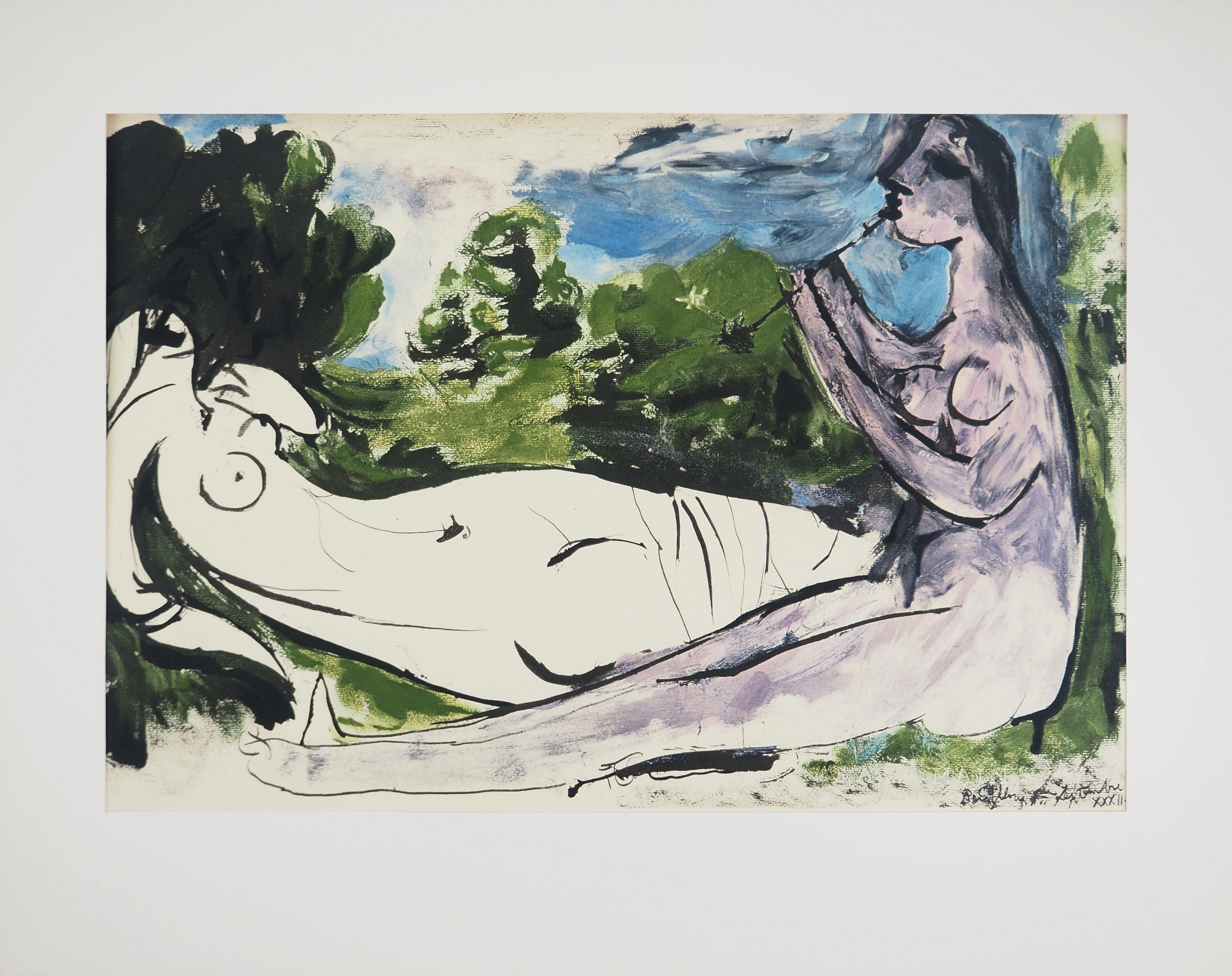 Picasso, Composition (Orozco 238), Picasso, La flûte double (after) - Gray Landscape Print by Pablo Picasso