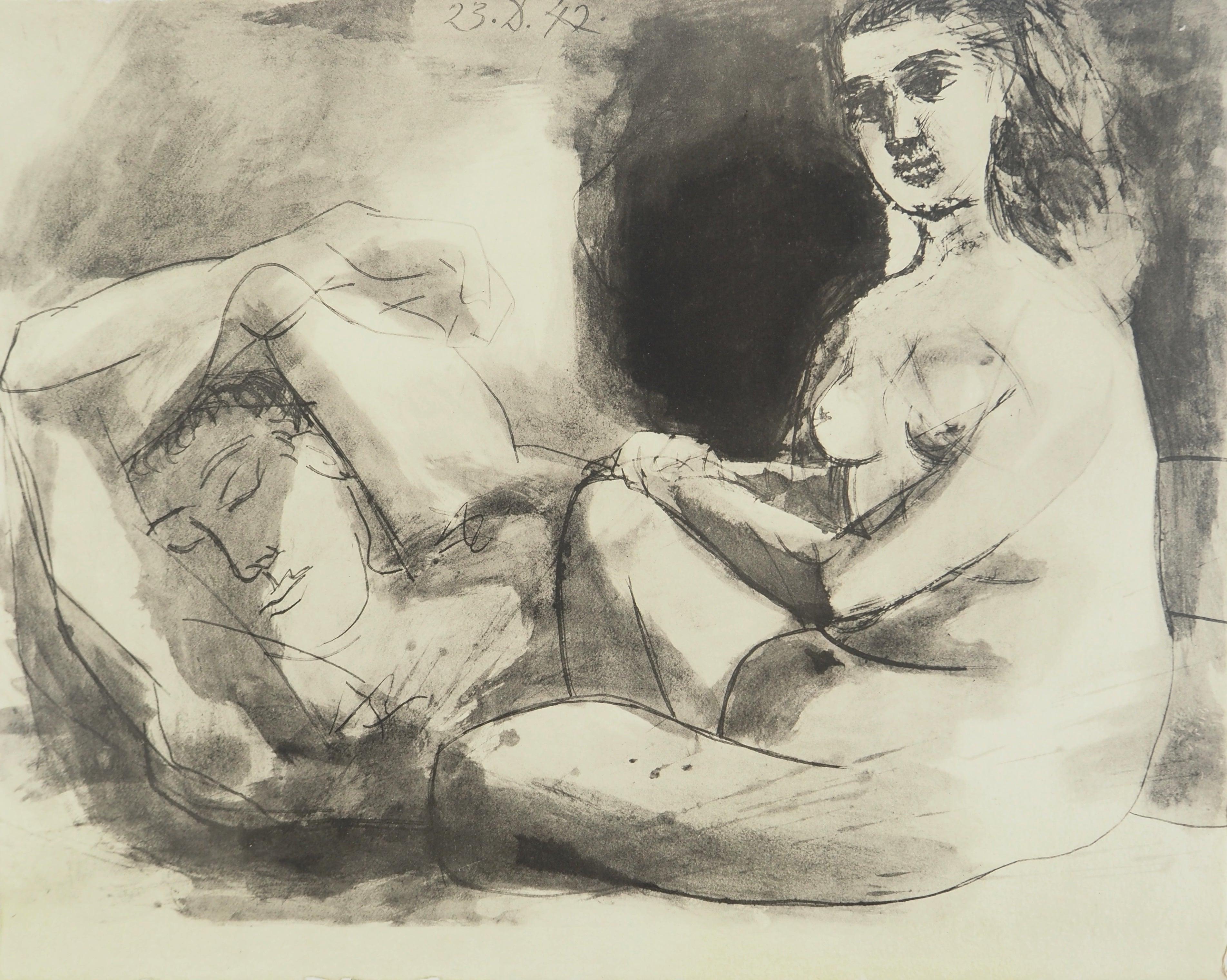 Picasso, Composition (Orozco 238), Picasso, La flûte double (d'après) - Marron Figurative Print par Pablo Picasso