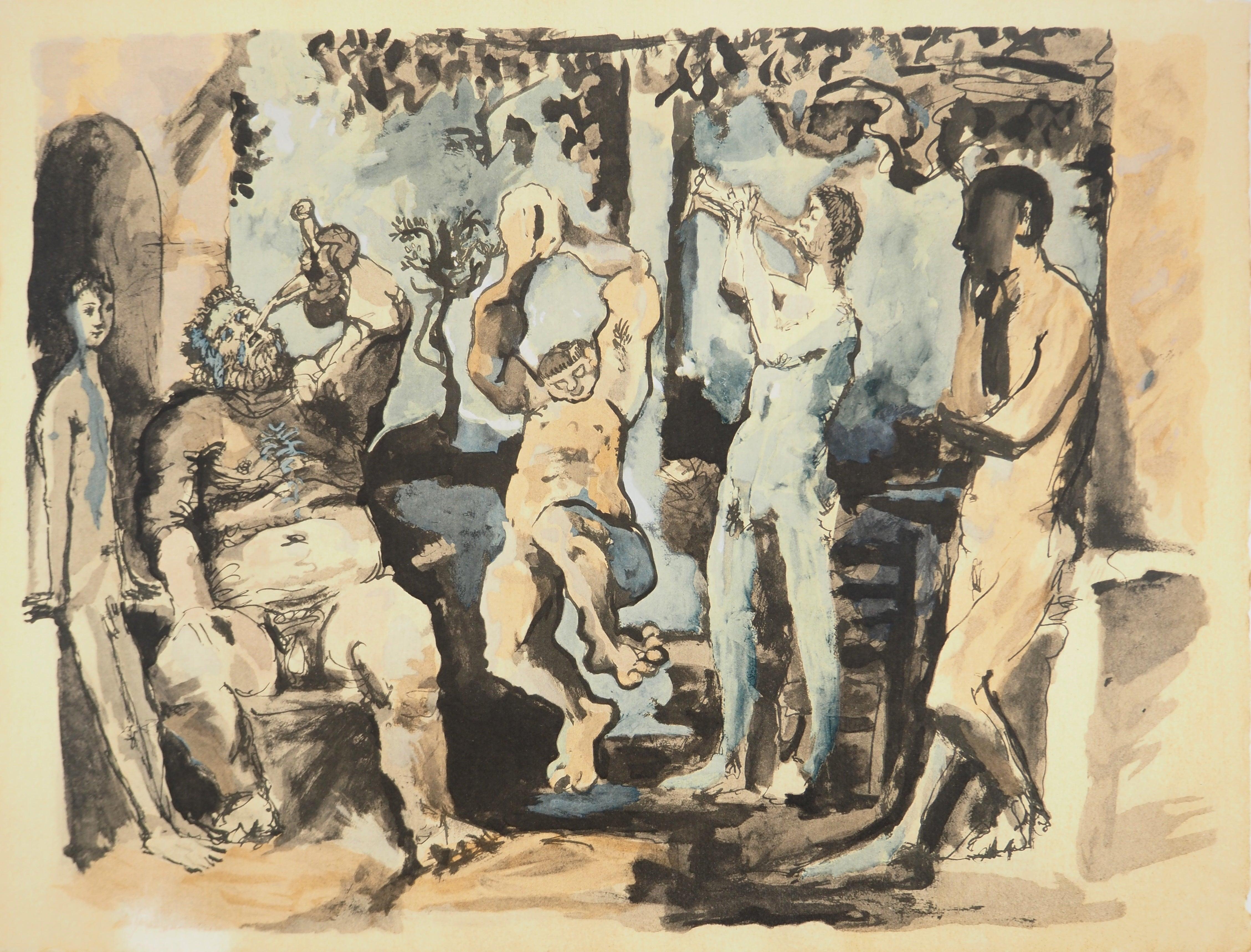 Lithographie et pochoir sur papier a la cuve du moulin Richard de Bas, spécialement filigrané pour cette édition. Non signé et non numéroté, tel que publié. Bon état. Notes : Extrait du folio, Picasso, La flûte double, 16 Dessins, Aquarelles Lavis.