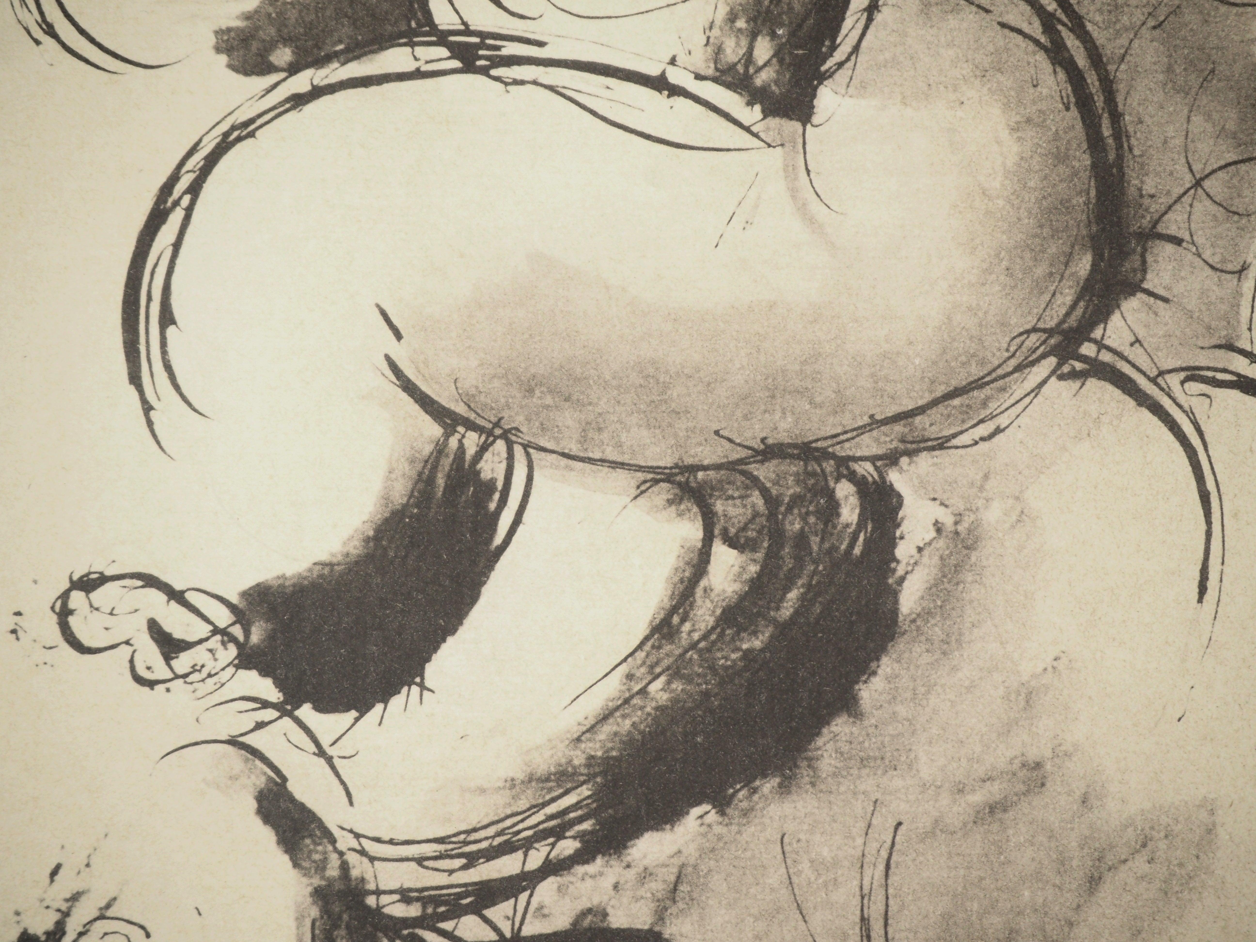 Lithographie et pochoir sur papier a la cuve du moulin Richard de Bas, spécialement filigrané pour cette édition. Non signé et non numéroté, tel que publié. Bon état. Notes : Extrait du folio, Picasso, La flûte double, 16 Dessins, Aquarelles Lavis.
