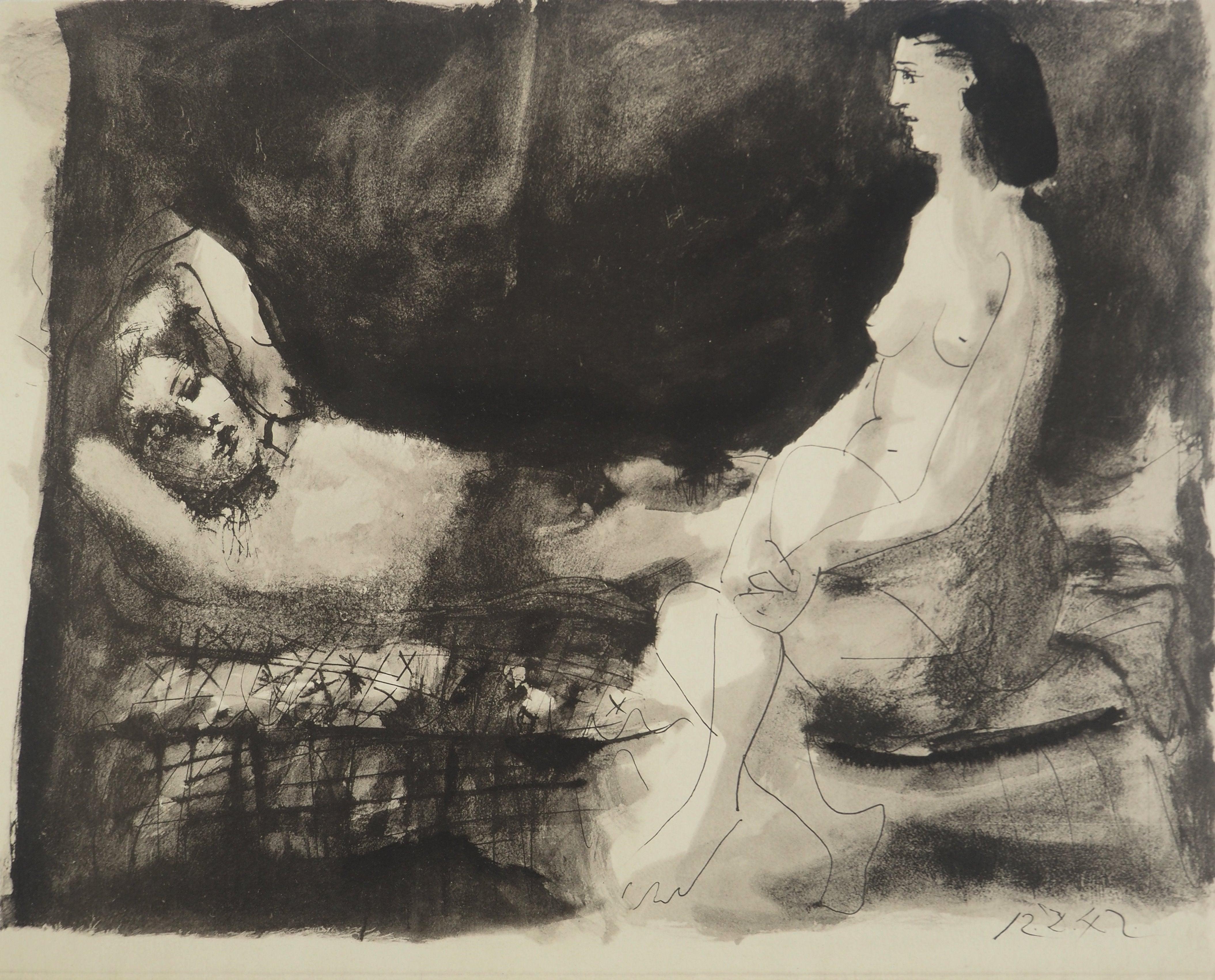 Lithographie et pochoir sur papier a la cuve du moulin Richard de Bas, spécialement filigrané pour cette édition. Non signé et non numéroté, tel que publié. Bon état. Notes : Extrait du folio, Picasso, La flûte double, 16 Dessins, Aquarelles Lavis.