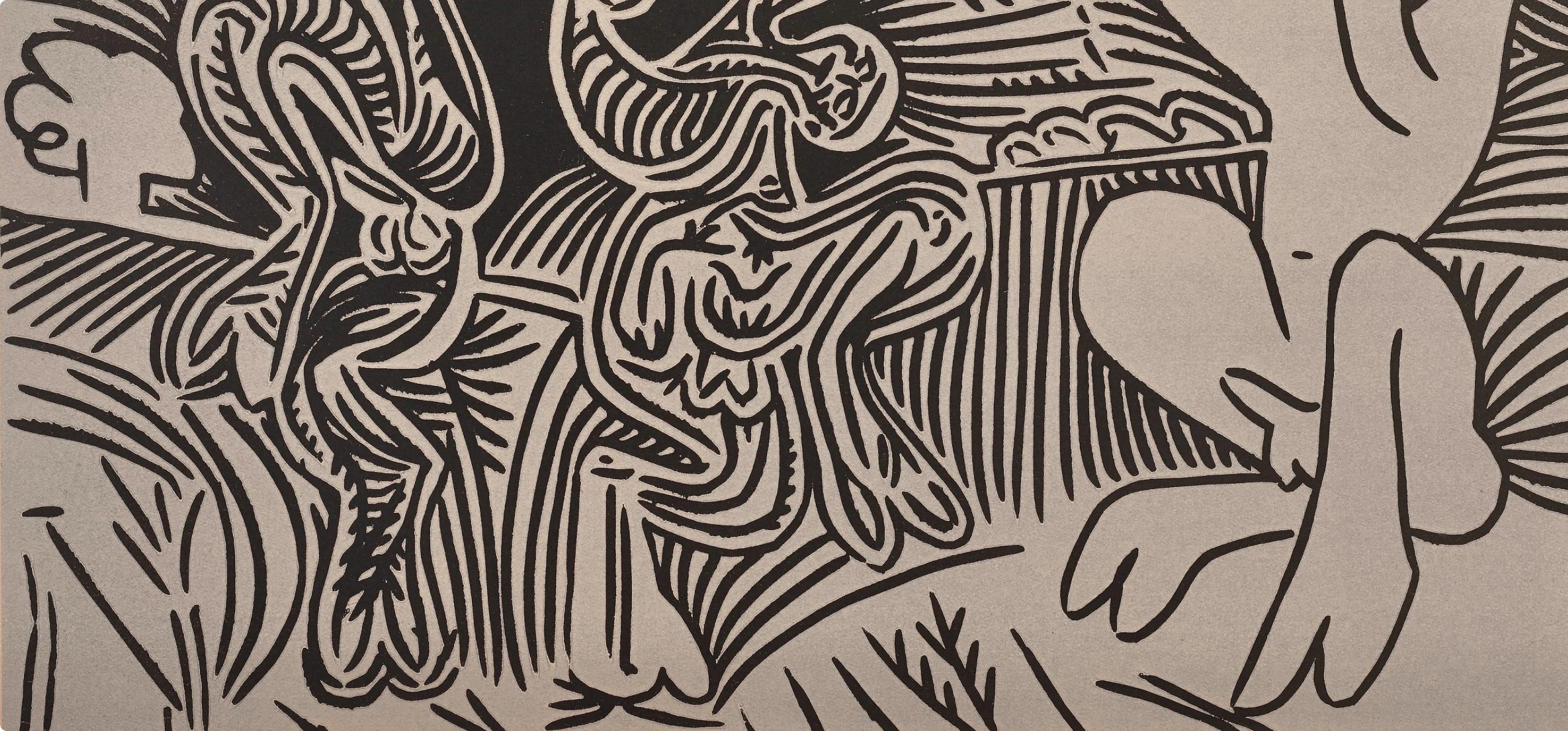 Picasso, Danseurs et musicien (Orozco 214), Grabados al linóleo (d'après) - Marron Figurative Print par Pablo Picasso