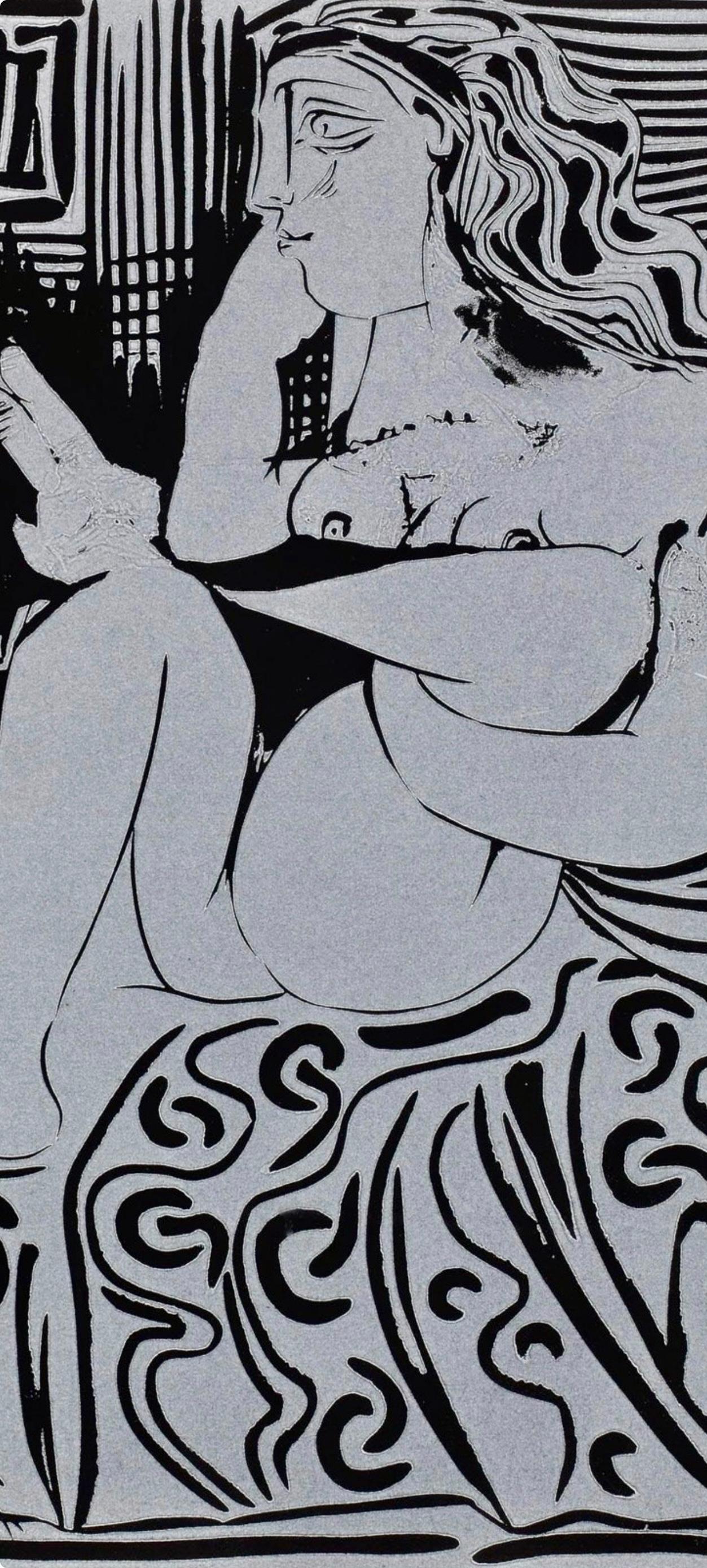 Picasso, Deux femmes (Orozco 214), Grabados al linóleo (after) - Gray Figurative Print by Pablo Picasso