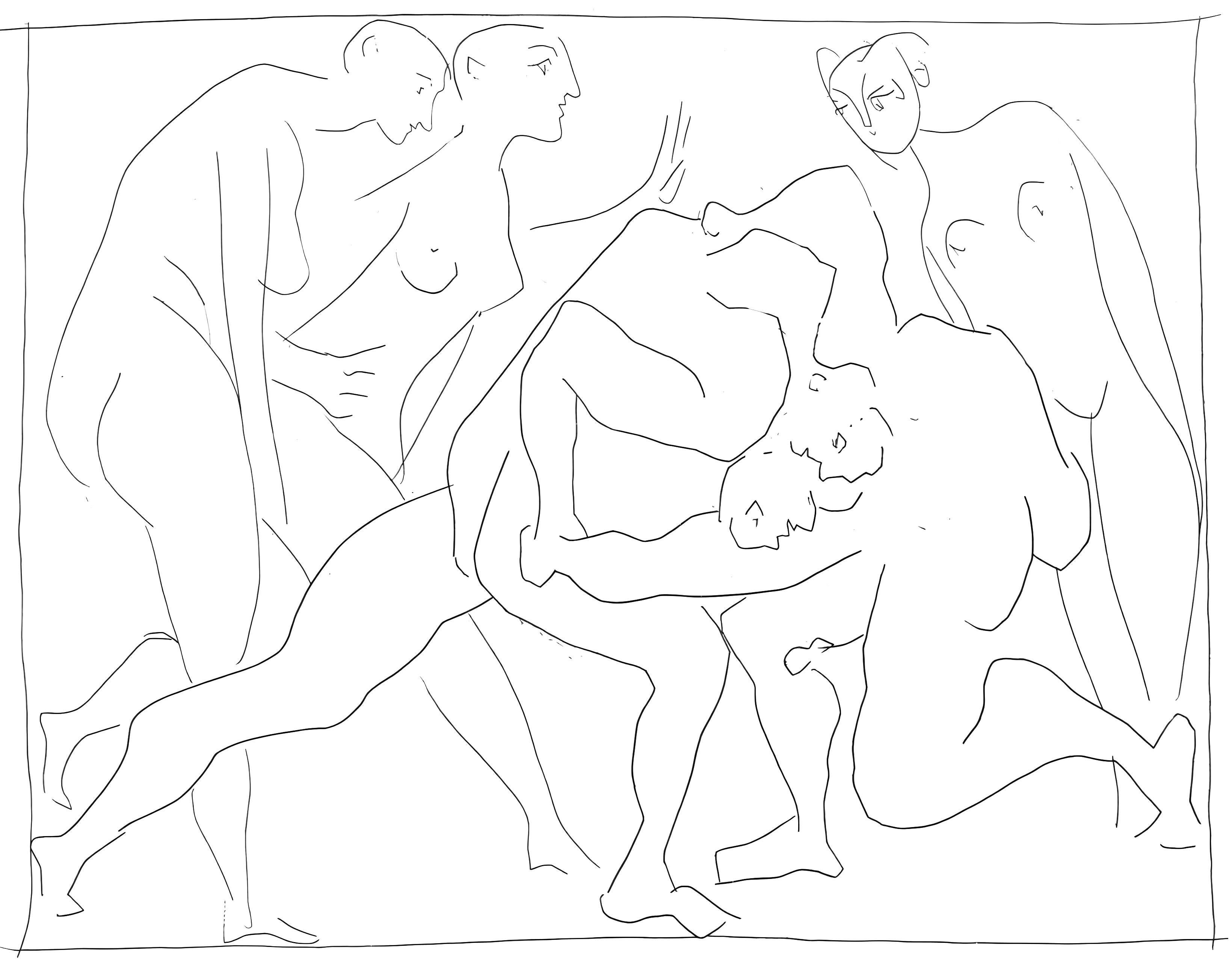 Pablo Picasso Figurative Print - Picasso, Deux lutteurs observés par trois femmes nues, Les Métamorphoses (after)