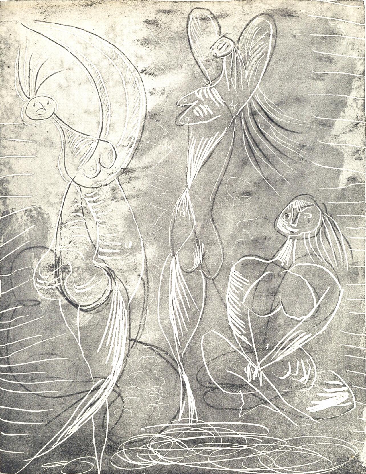 Pablo Picasso Figurative Print – Picasso, Femme assise et deux danseuses, La Chèvre-Feuille (nach)