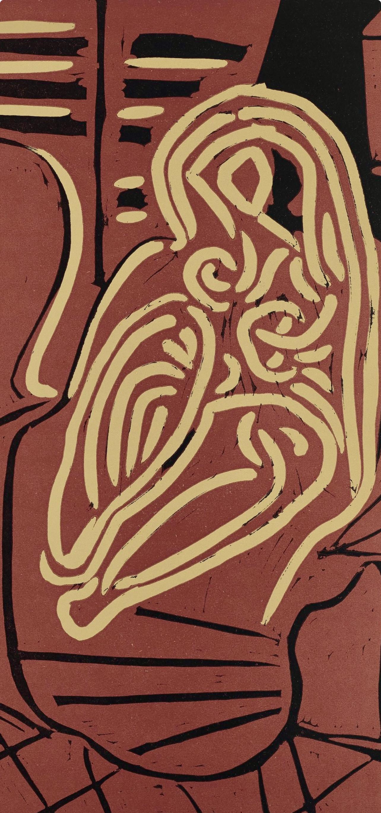 Picasso, Femme dans un fauteuil (Orozco 214), Grabados al linóleo (después) - Figurative Print Marrón de Pablo Picasso