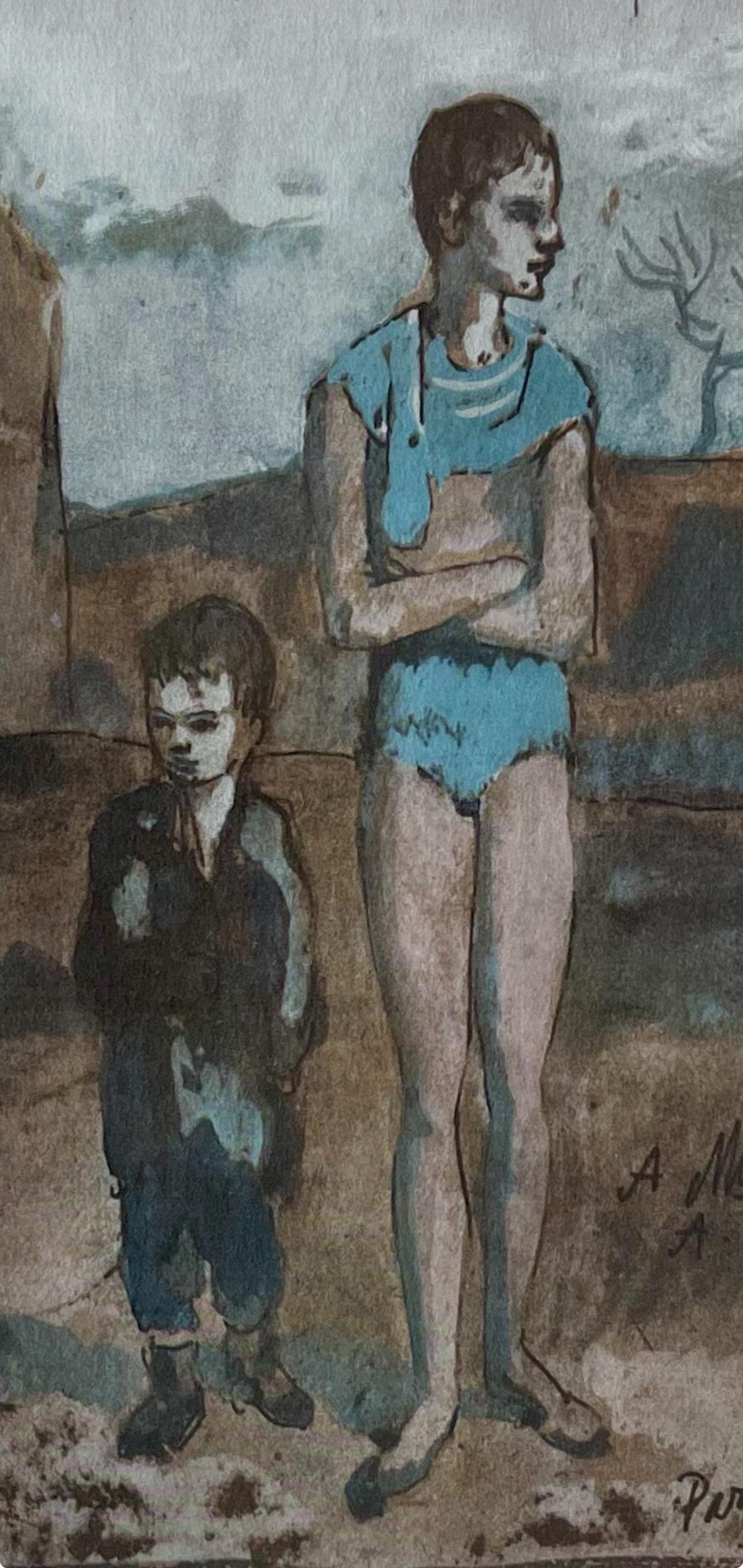 Picasso, Harlequin and Boy, Picasso : quinze dessins (d'après) - Print de Pablo Picasso
