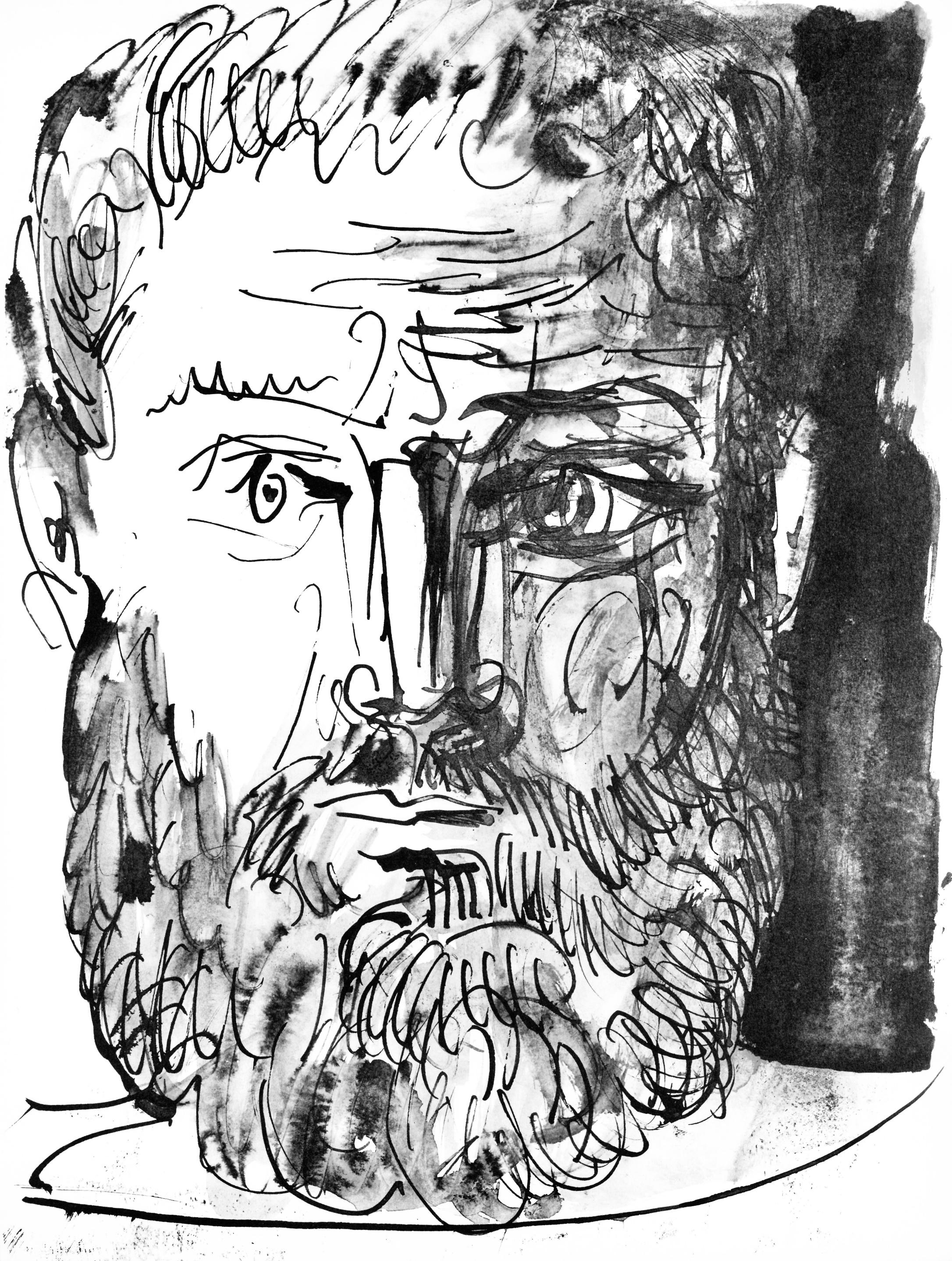 Abstract Print Pablo Picasso - Picasso, Homme barbu, de face, trait et lavis (Cramer 84 ; J./S. 77) (d'après)