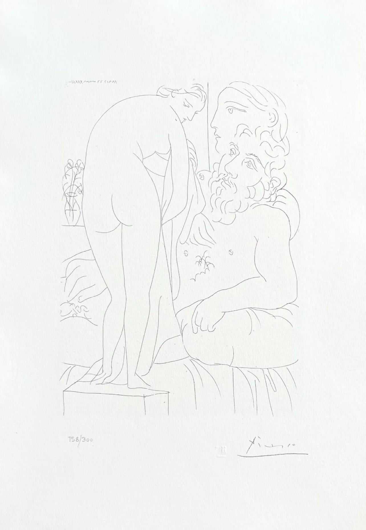 Picasso, Le Repos du Sculpteur devant un Nu à la Draperie (nach) (Grau), Nude Print, von Pablo Picasso