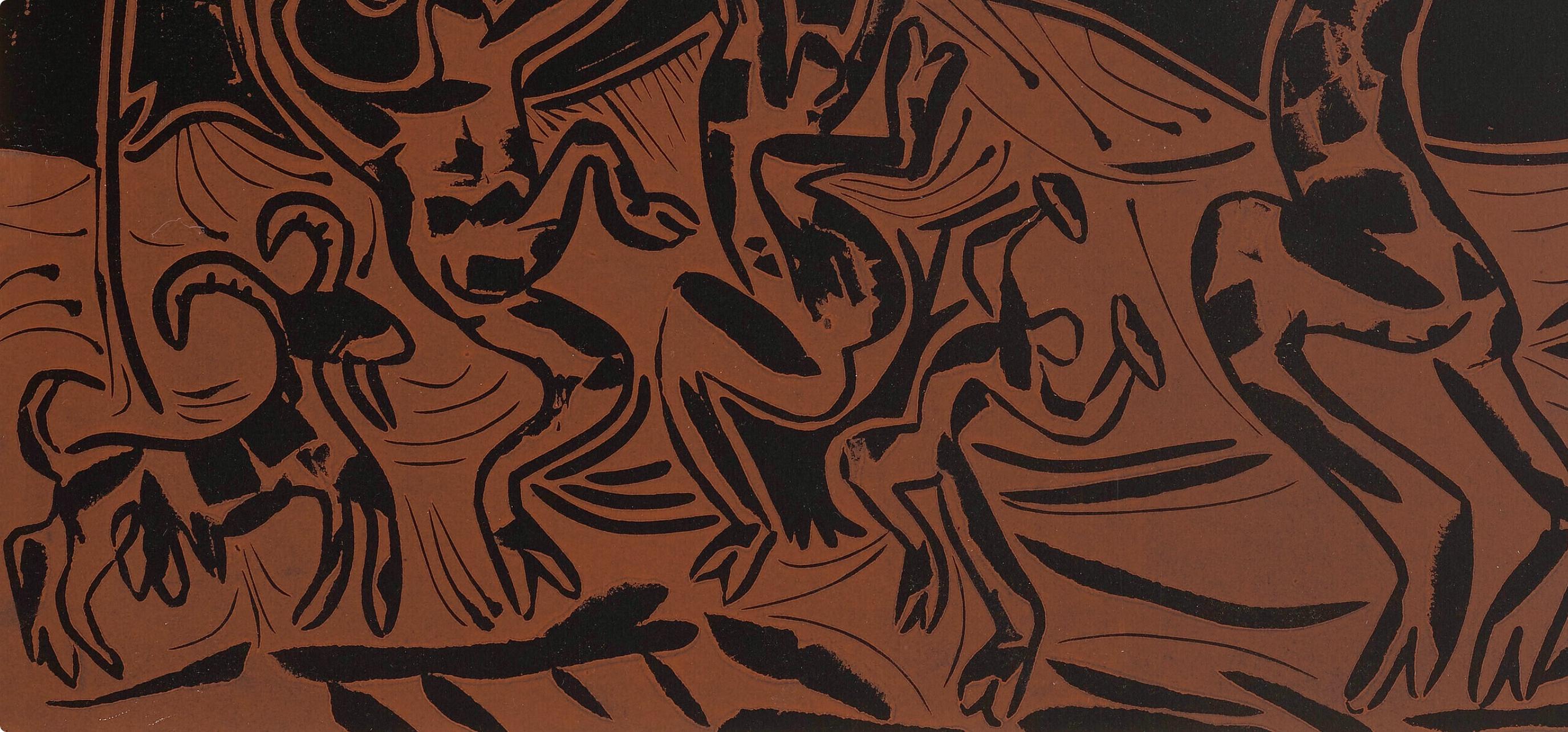 Picasso, Les danseurs au hibou (Orozco 214), Grabados al linóleo (d'après) - Noir Figurative Print par Pablo Picasso