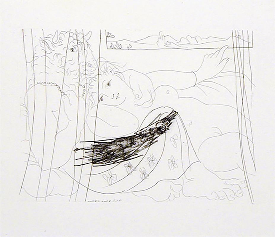 Pablo Picasso Figurative Print - Picasso: Minotaure et Jeune Femme enlacés rêvant sous une Fenêtre (S.V. 91) B199