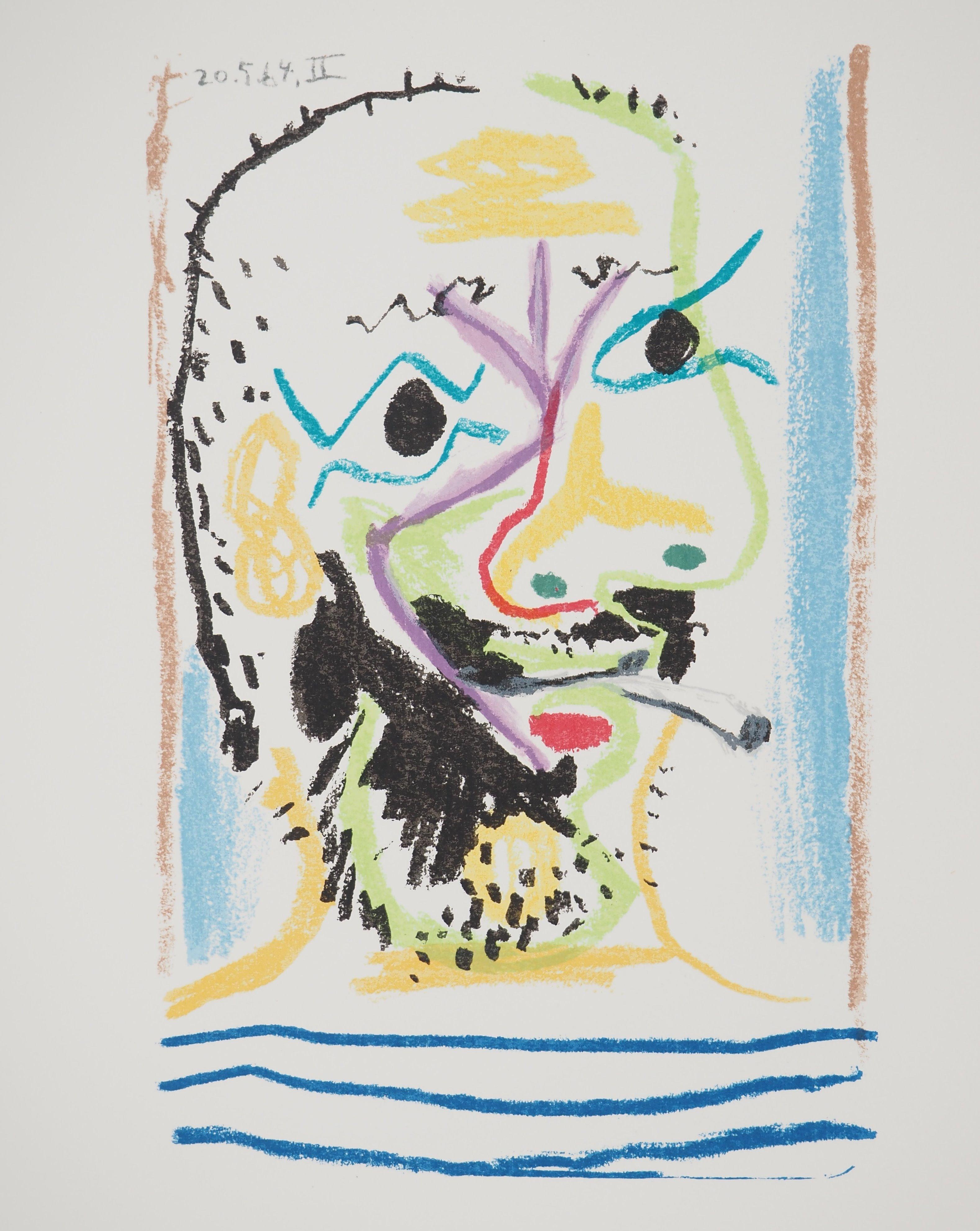 Picasso: Selbstporträt mit Matrosenhemd und Zigaretten - Lithographie – Print von Pablo Picasso