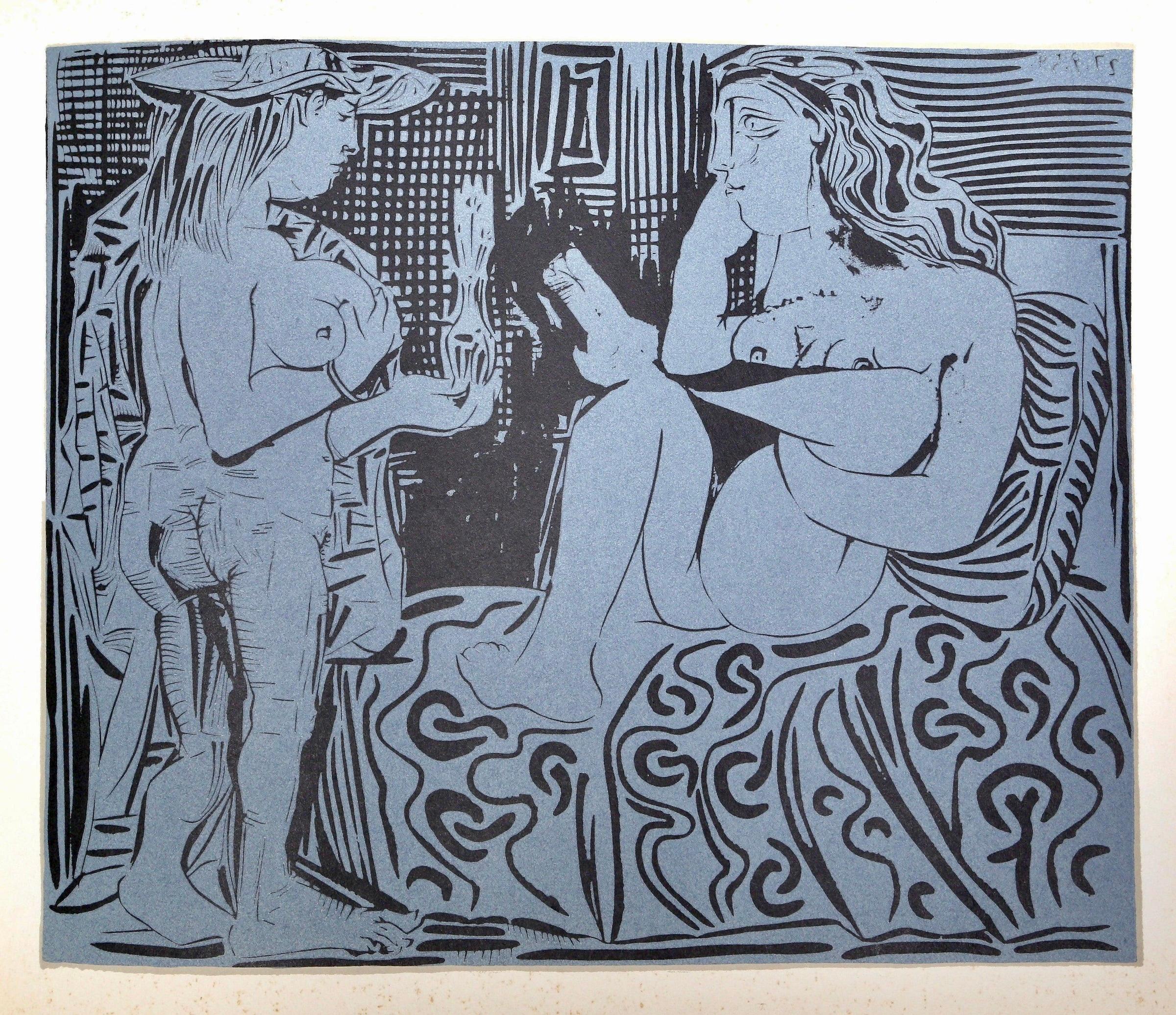 Picasso, Two Women with a Vase of Flowers, Pablo Picasso-Linogravures (after) For Sale 5