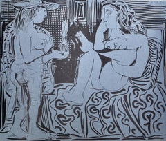 Picasso, Deux femmes avec un vase de fleurs, Pablo Picasso-Linogravures (d'après)