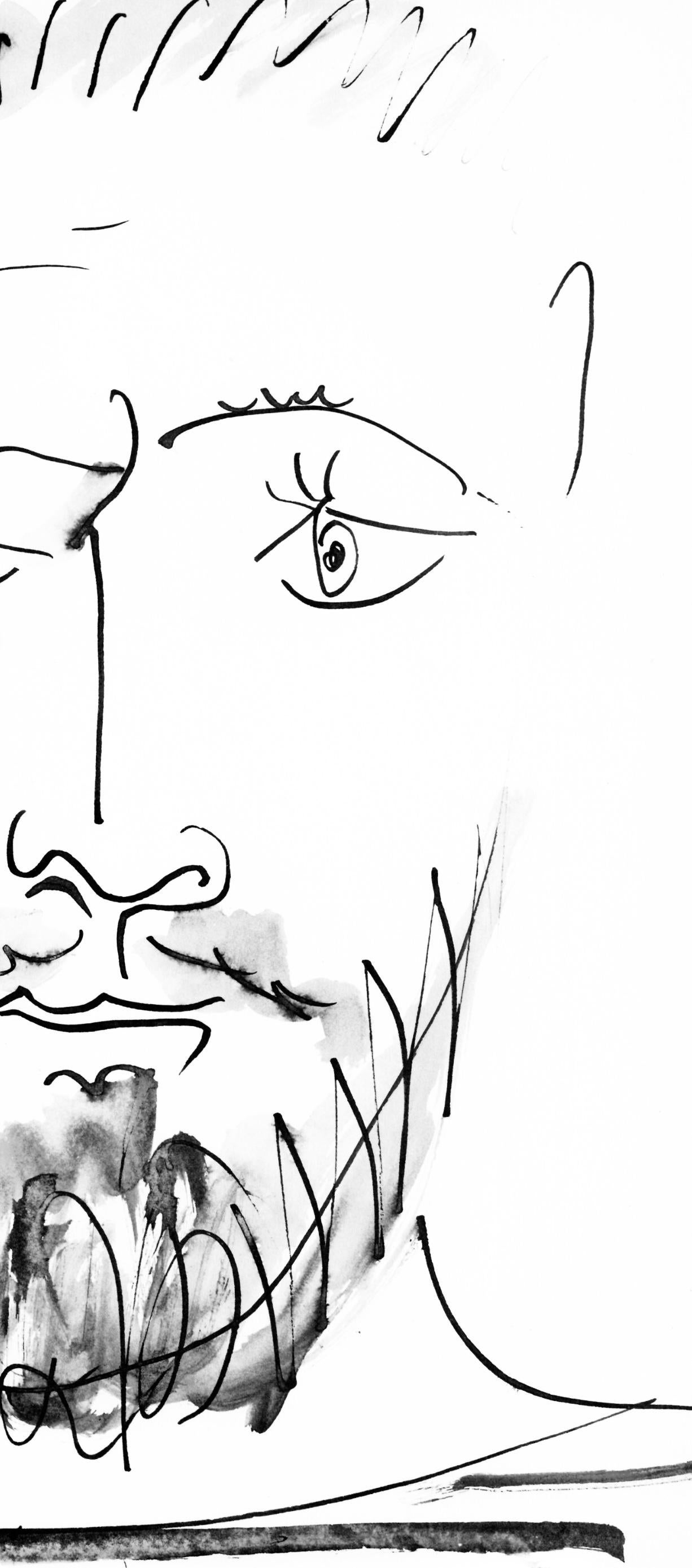 Picasso, Visage d'homme, de face, trait et lavis (Cramer 84 ; J./S. 77) (d'après) - Gris Figurative Print par Pablo Picasso