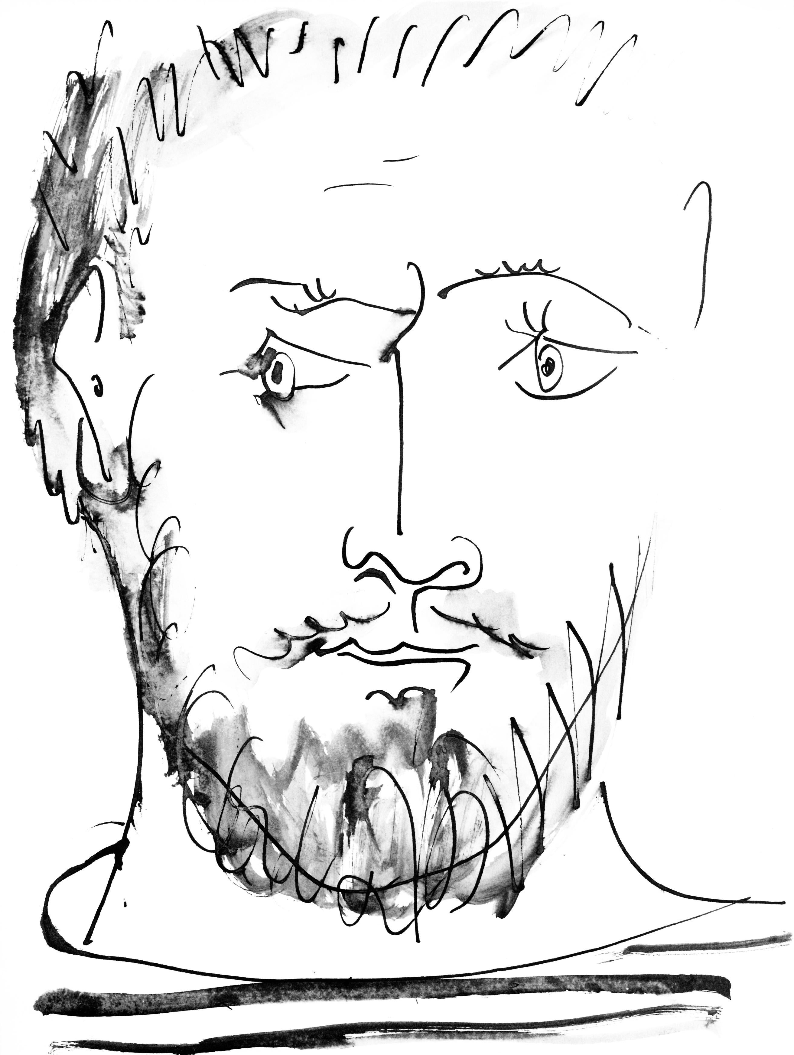 Figurative Print Pablo Picasso - Picasso, Visage d'homme, de face, trait et lavis (Cramer 84 ; J./S. 77) (d'après)