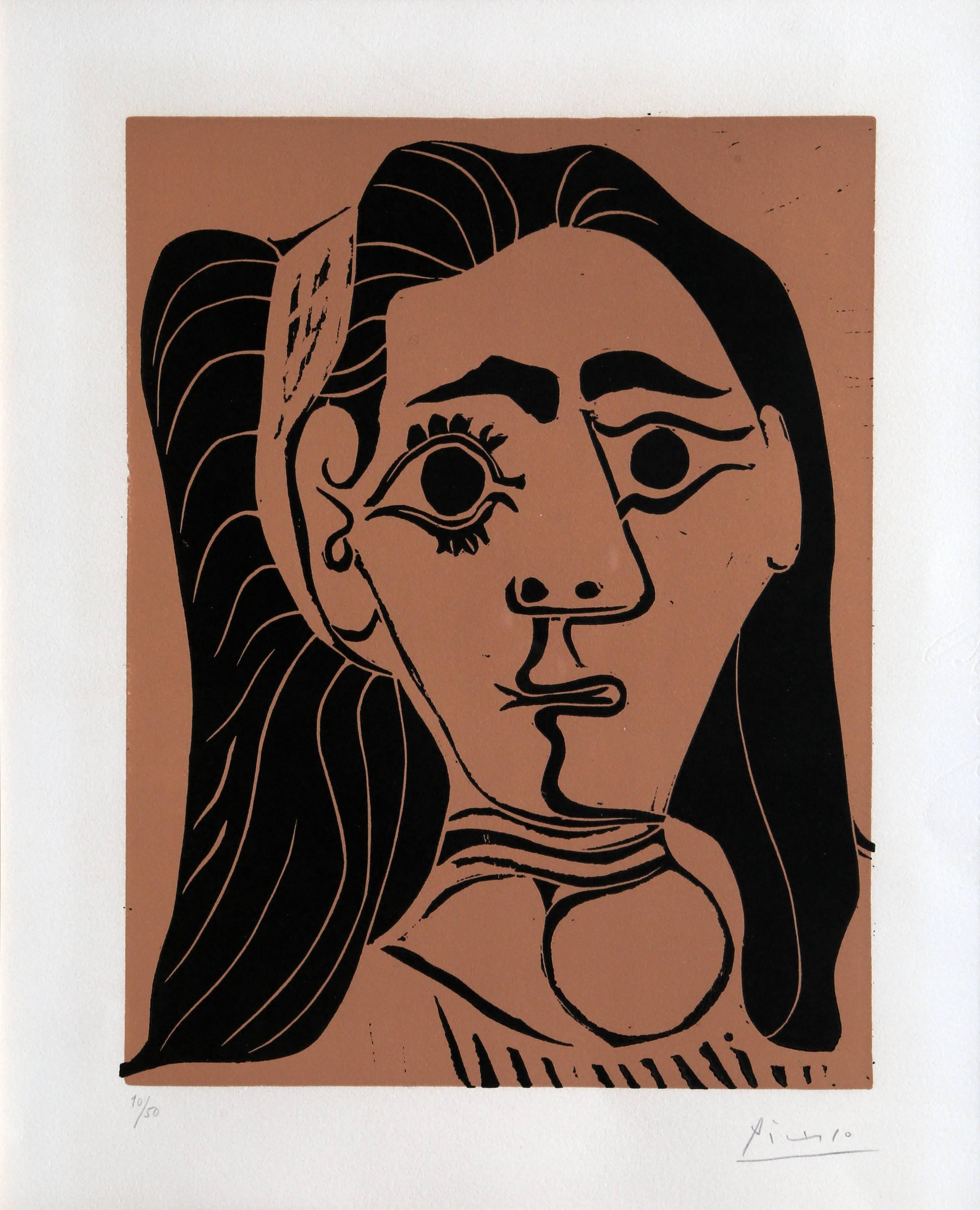 A stunning portrait of Pablo Picasso's wife, Jacqueline Roque.  This hand-signed linocut on Arches paper is in an exquisite hand-carved museum frame.  

Artist: Pablo Picasso, Spanish (1881 - 1973)
Title: Jacqueline au Bandeau 
Year: