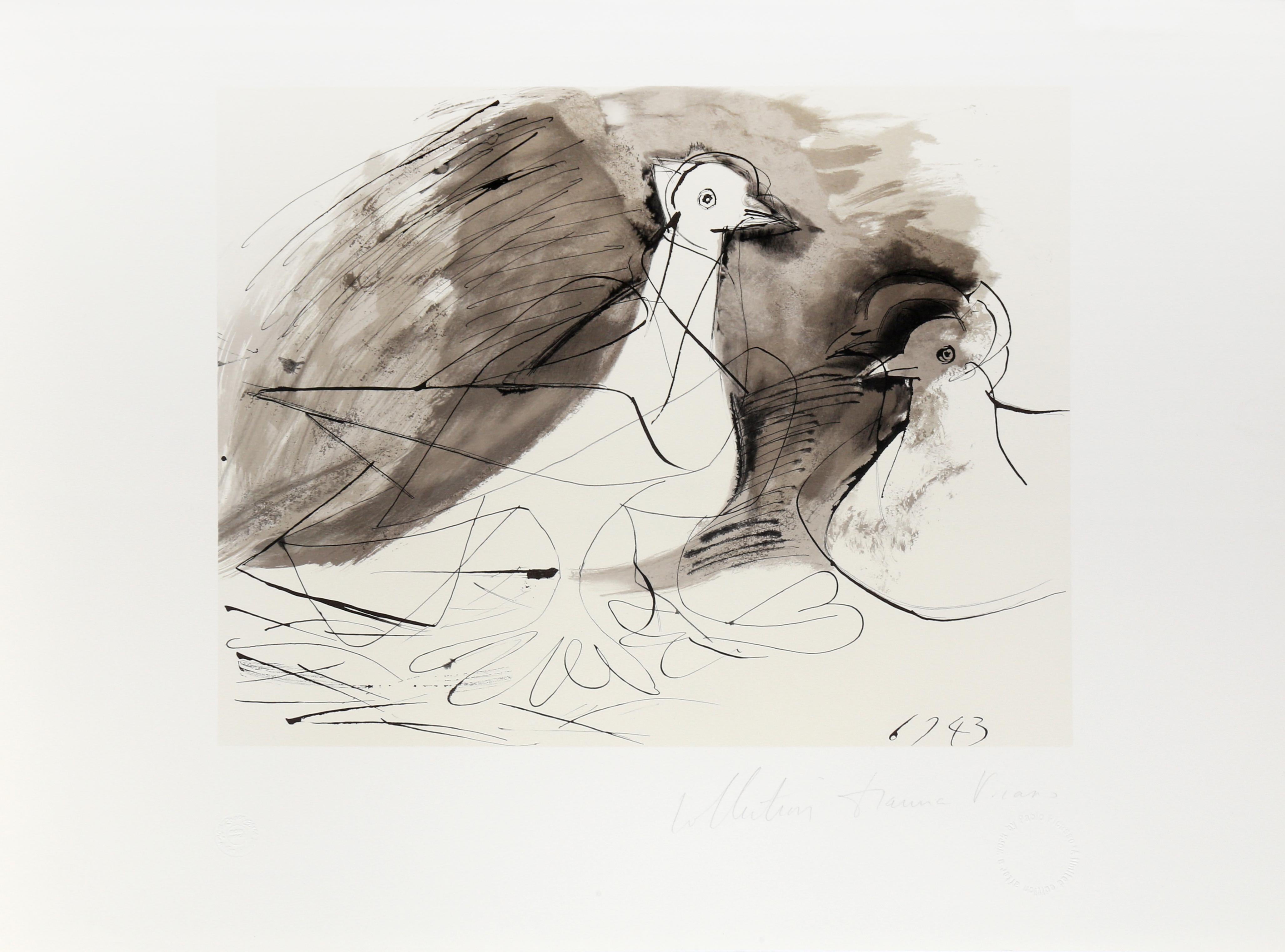 Bien qu'elle ne comporte que quelques lignes et ombres, la représentation cubiste de Pablo Picasso de deux pigeons est expressive et dynamique grâce à l'utilisation d'une perspective abstraite. La représentation fragmentée des oiseaux par l'artiste